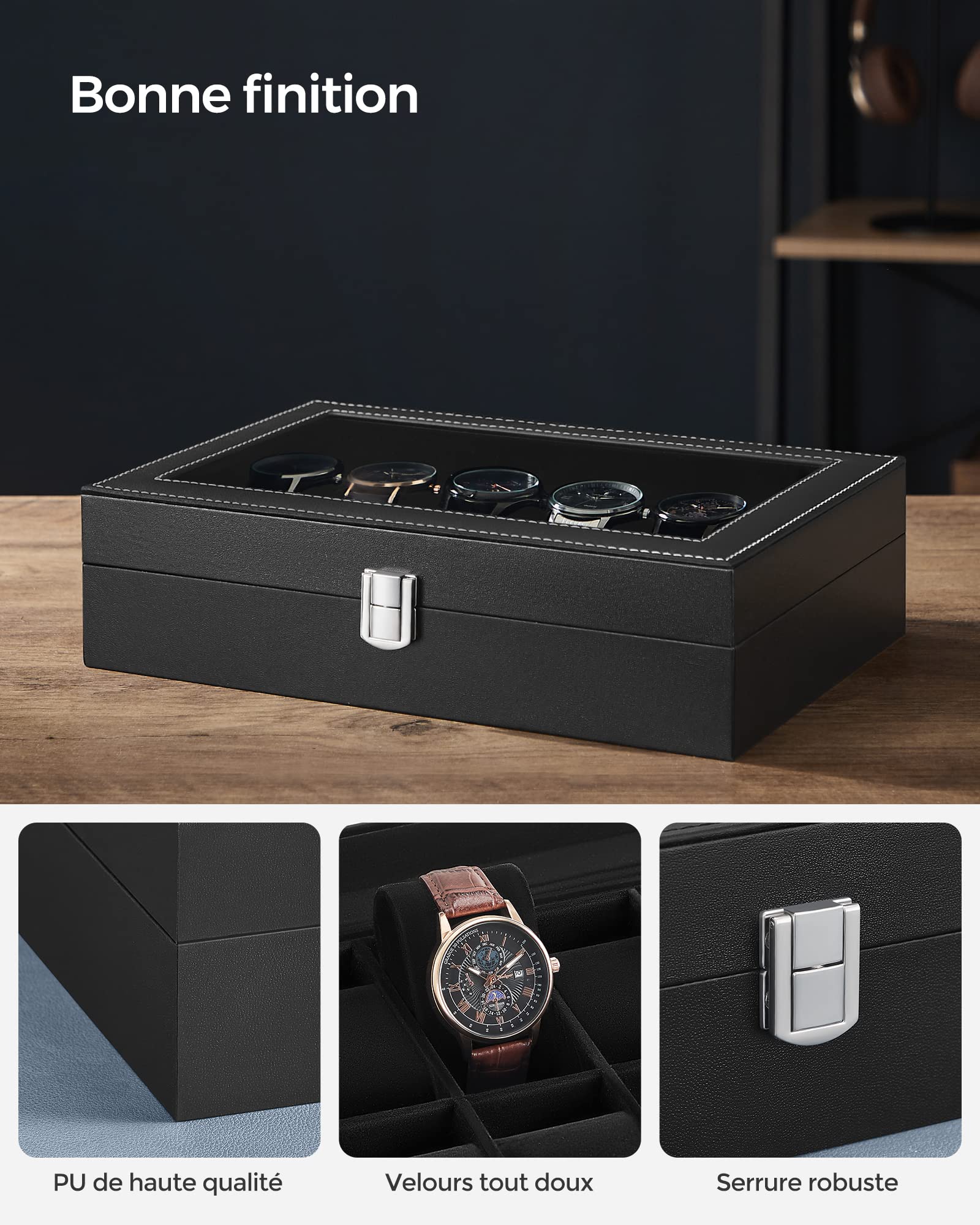 SONGMICS Boîte à Montres, 12 Emplacements, Coffret à Montres, Écrin, Couvercle en Verre, Coussinets Amovibles, Serrure en Métal, Revêtement en Noir et Doublure en Noir JWB12B