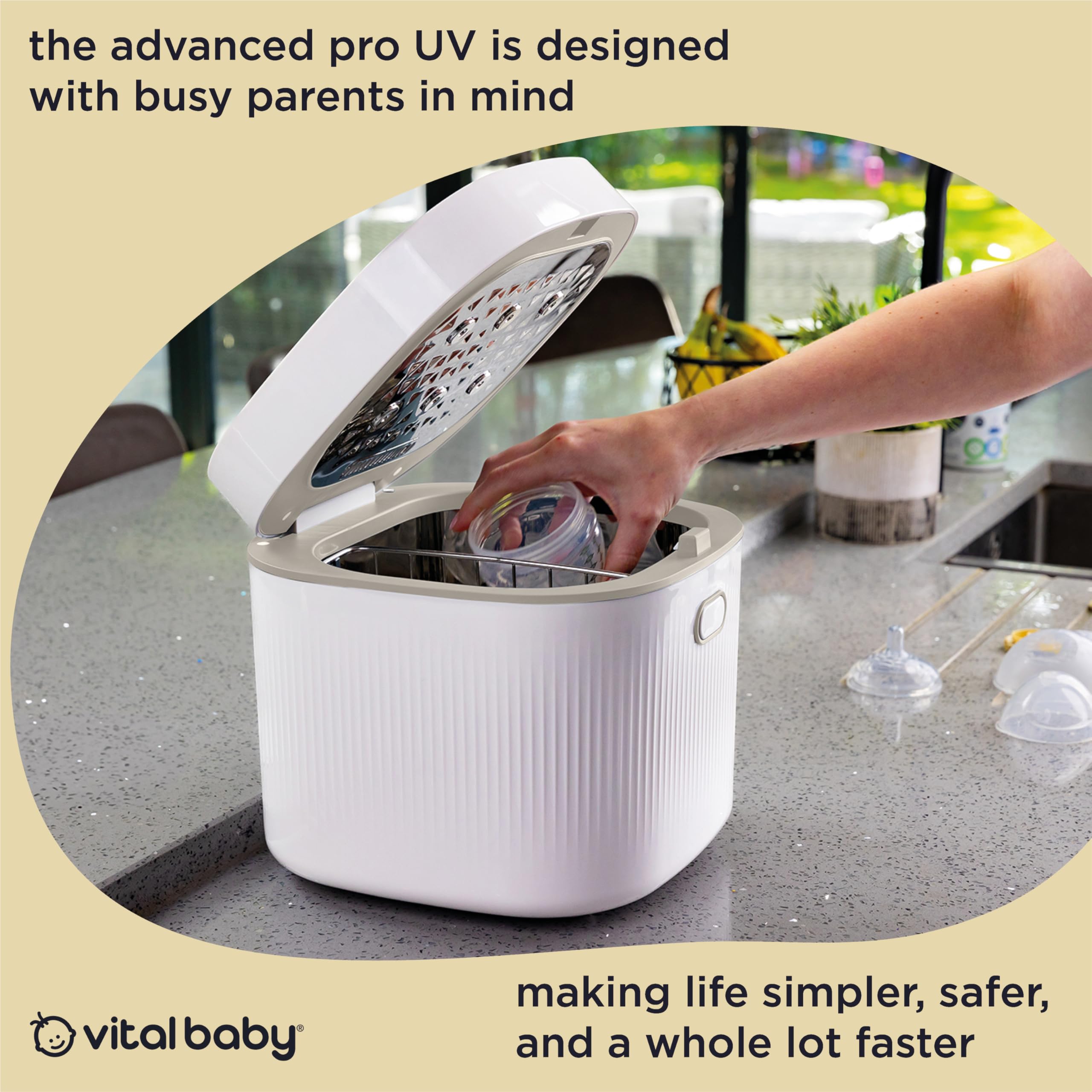 Vital Baby Stérilisateur UV pour biberons et accessoires - Tue 99,99% des germes en 5 minutes, stérilise, sèche et stocke, sans eau, vapeur ou produits chimiques - Vert olive