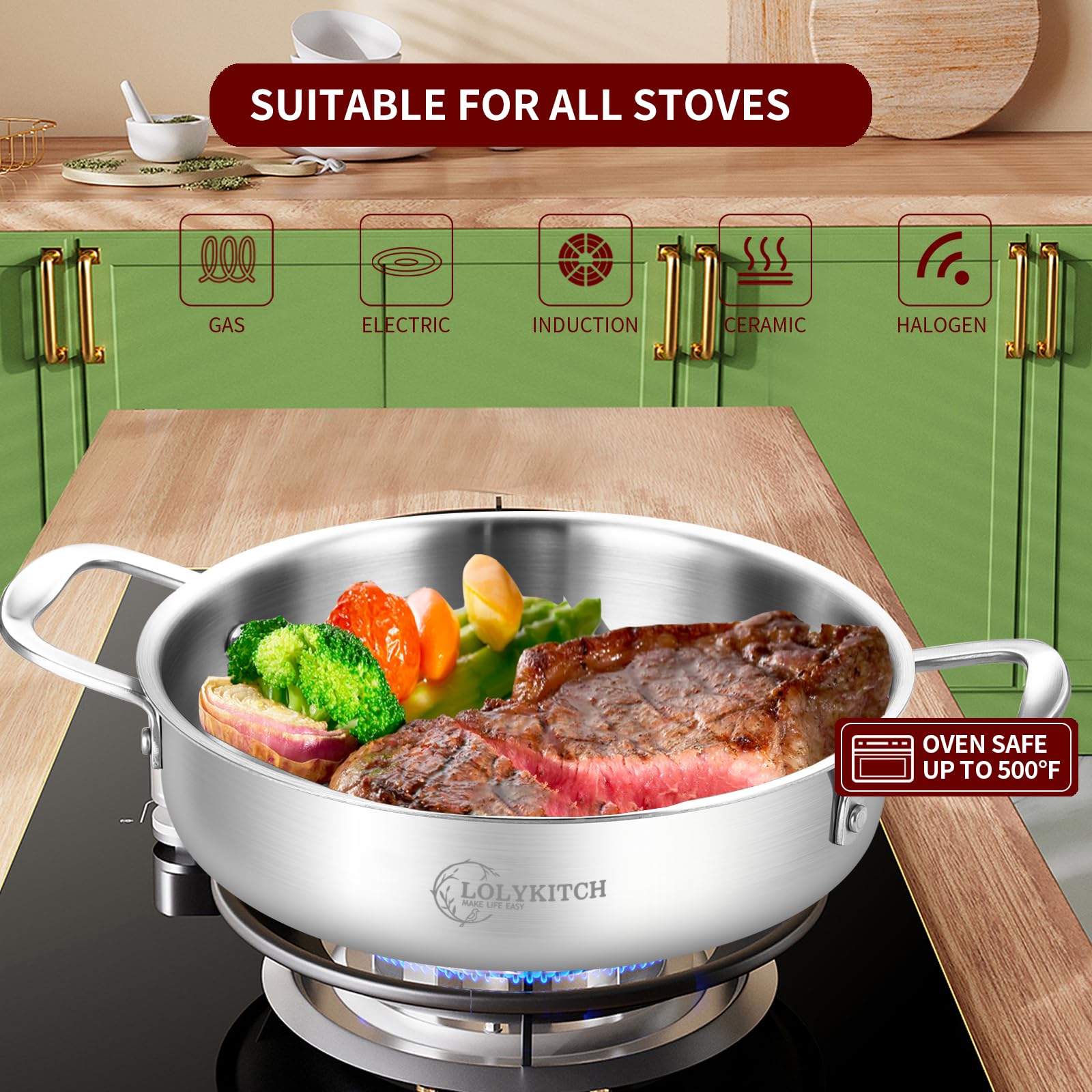 LOLYKITCH 3QT Tri-Ply Stainless Steel Saute Pan wih Lid,10 Inch Frying pan,Small Skillet,Jumbo Cooker,Induction Pan,Dishwasher and Oven Safe.