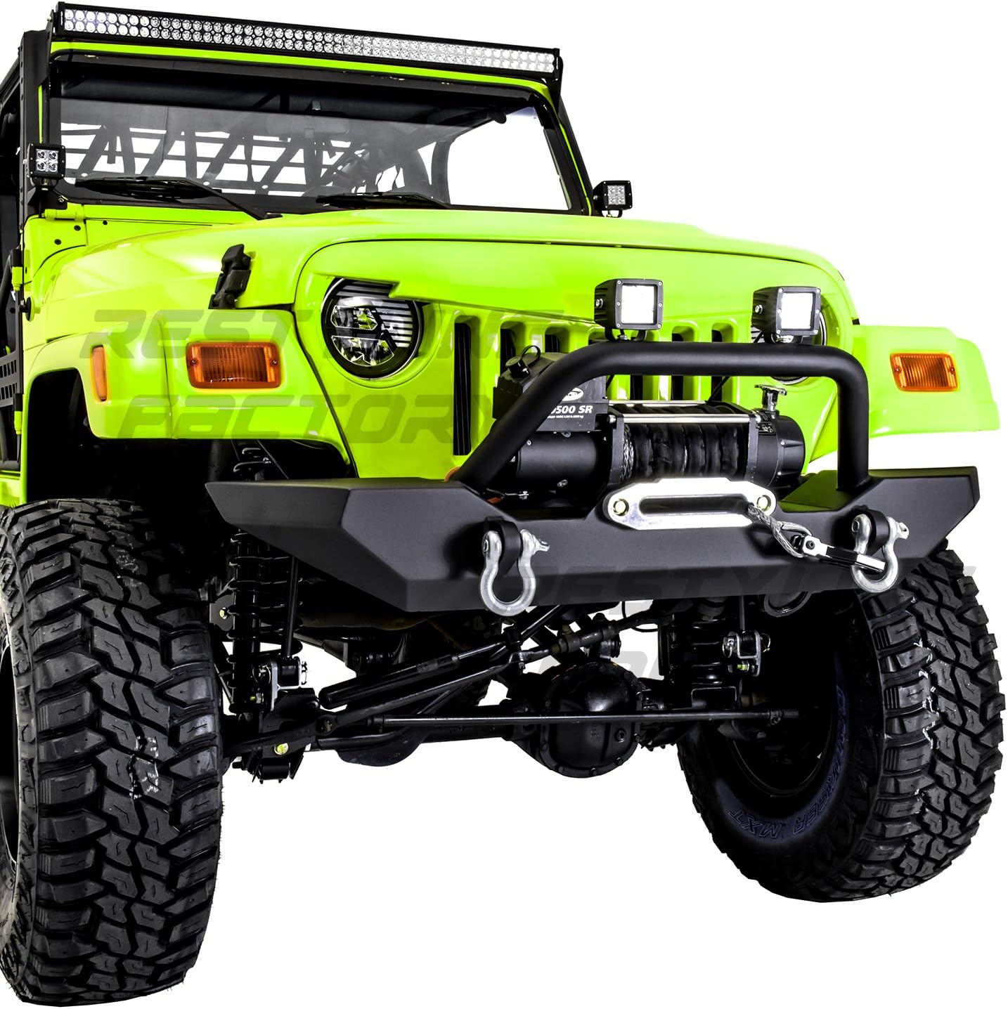 Restyling Factory 97-06 Wrangler TJ Rock Crawler Black Textured Front Bumper with Winch Mount Plate and 2x D-rings (Black)