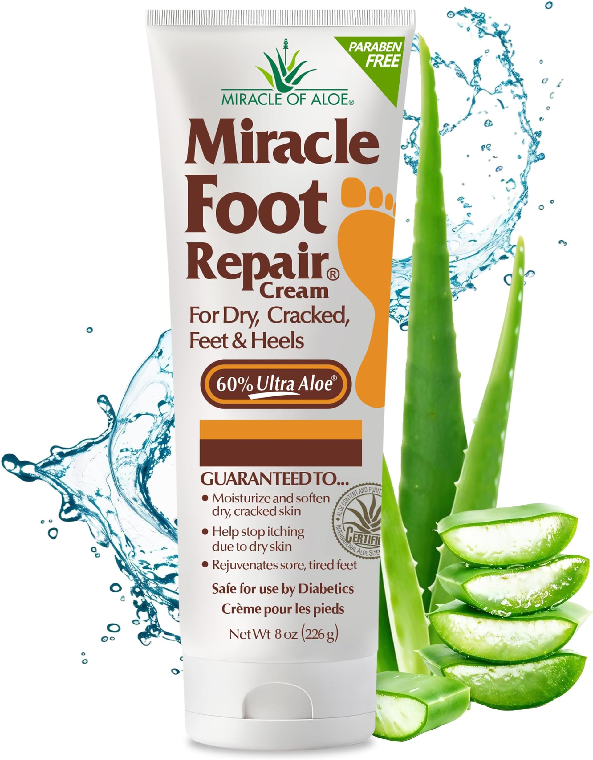 Miracle Foot Repair Cream (8 oz) Repairs Dry Cracked Heels and Feet, 60% Pure UltraAloe Moisturizes, Softens, and Repairs