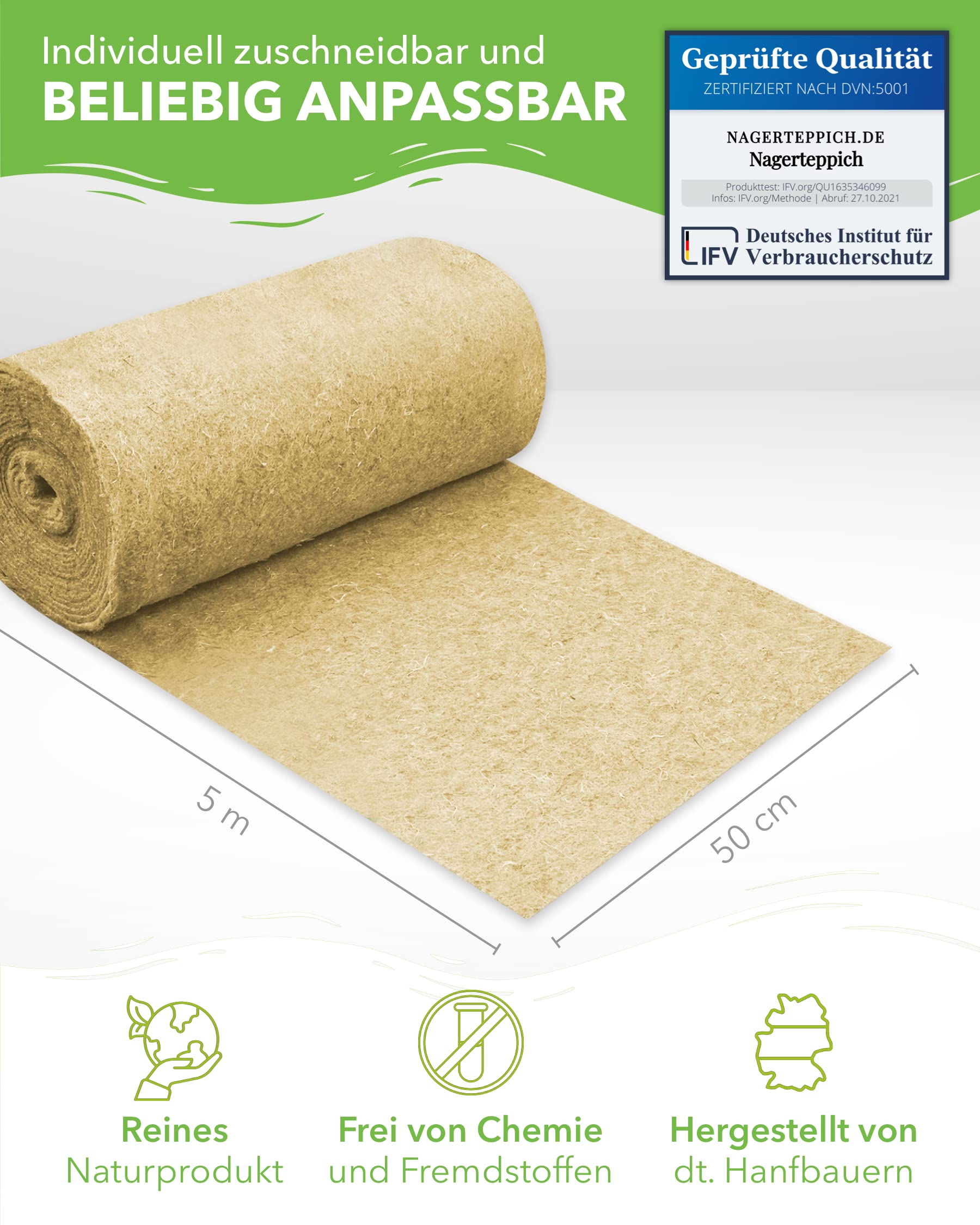 Nagerteppich aus 100% Hanf auf Rolle mit 5m Länge, 50cm Breite, 10mm dick, Hanfteppich für alle Arten Kleintiere, Hanfmatte Nagermatte Nager-Teppich