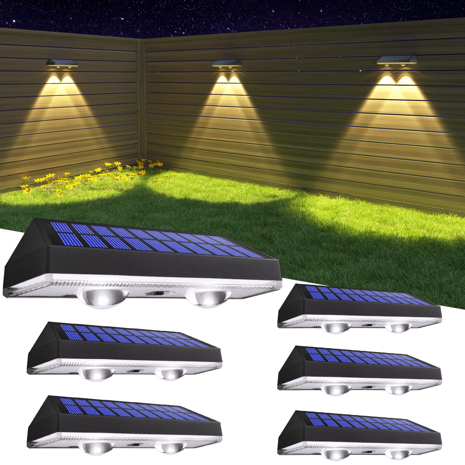Solar Fence Lights Outdoor Garden: Solar Wall Lights Outdoor Waterproof - Solar Powered Garden Fence Lights 3 Color Modes for Deck Patio Decking Gate Yard Decoration 6-Pack