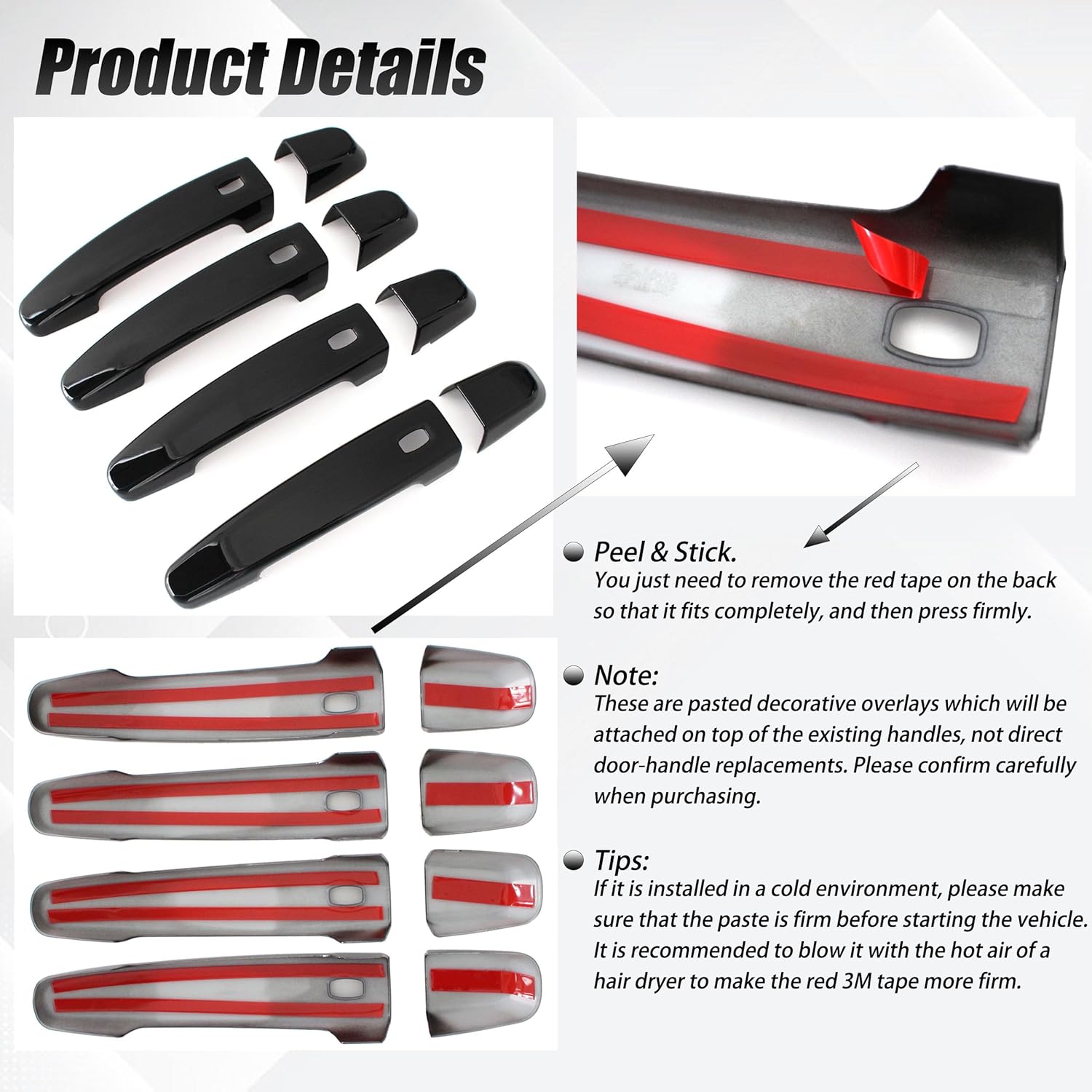 AUCERAMIC Glossy Black Exterior Door Handle Cover Trim W/ 4 Smart Keyhole Fit 2014-2022 Chevy Chevrolet Impala Malibu Volt Equinox Traverse Camaro GMC Acadia Terrain Caps Overlay