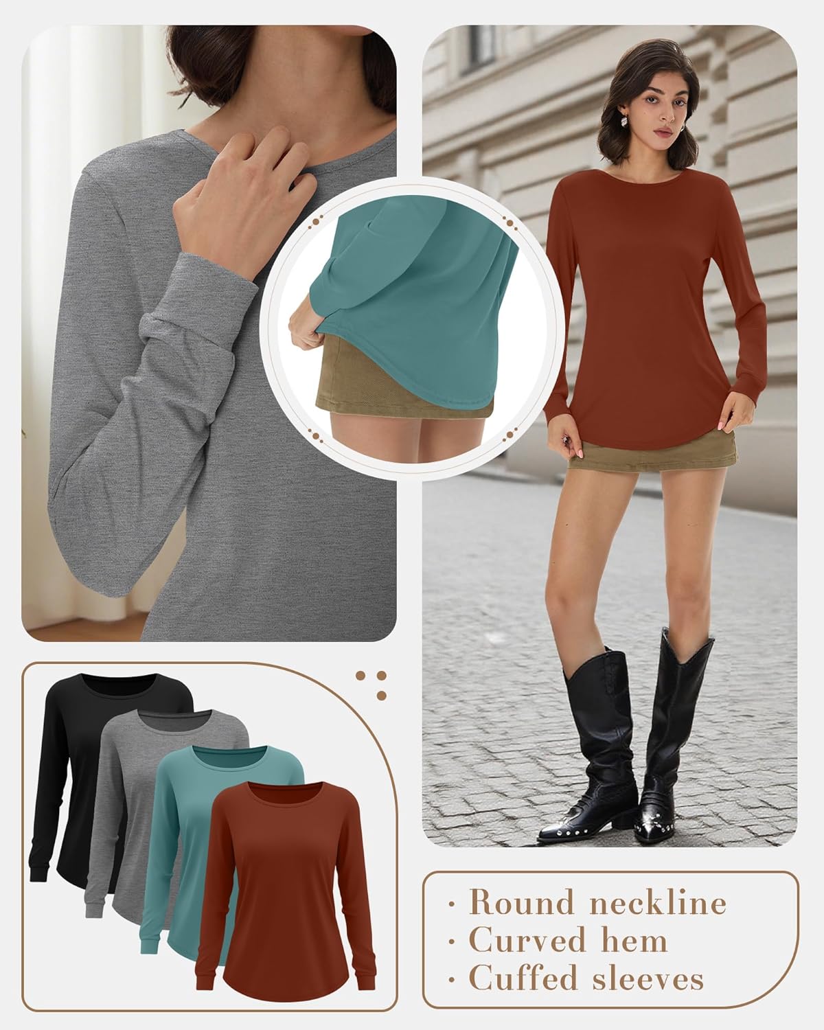 Huukeay 4 Pack Womens Long Sleeve Shirts Loose Fit Tunic Tops Crew Neck Curved Hem Basic Casual Layering Shirts - Image 2