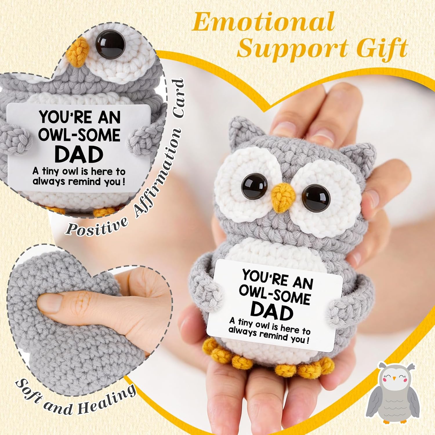 Qallicon Dad Gifts from Daughter Son Wife, Positive Handmade Crochet Fathers Day Birthday for Dad, Funny I Love You Owl Gifts for Dads