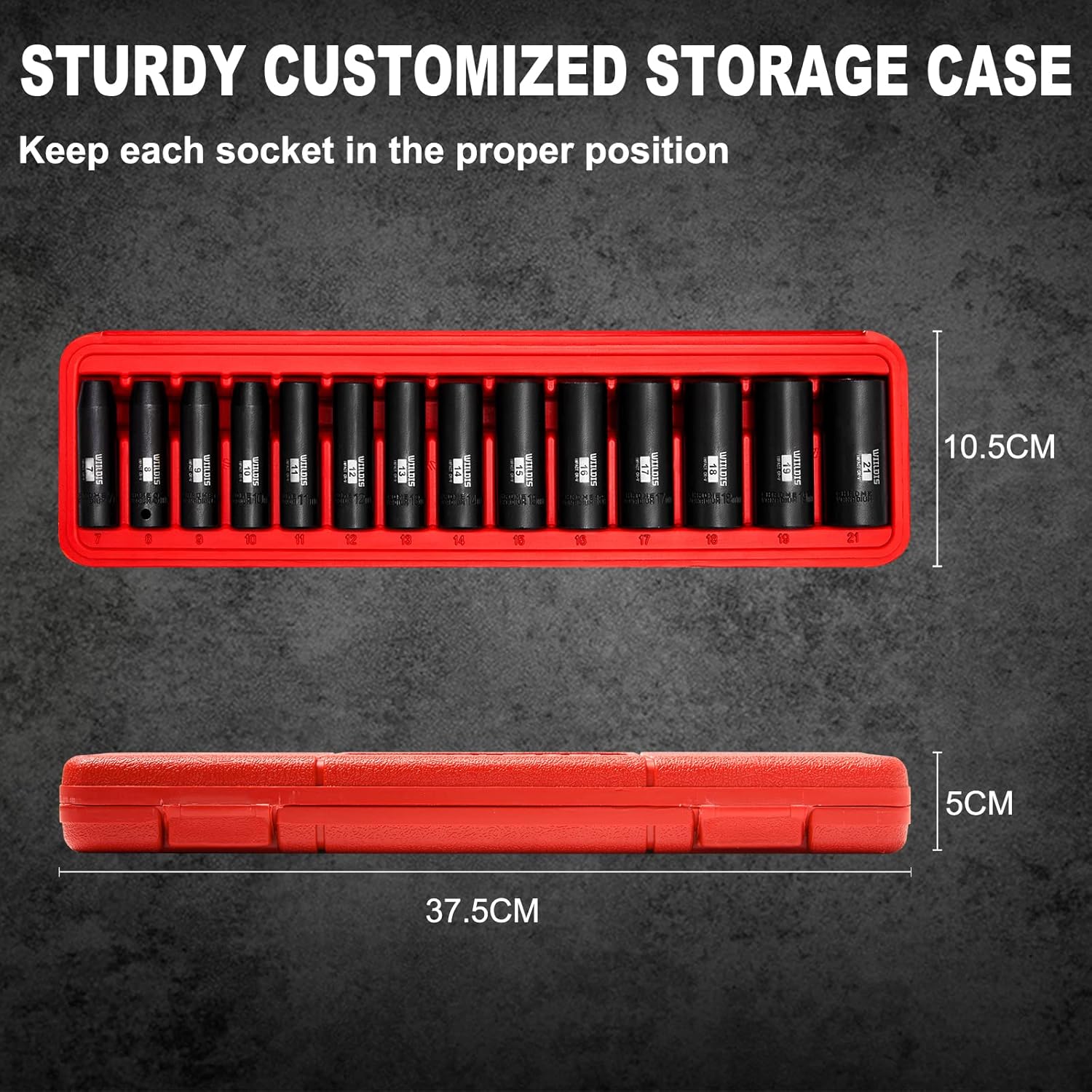 WIILDIS 14 Pieces 3/8-Inch Drive Deep Impact Socket Set, 7mm to 21mm, CR-V, Metric, 6-Point, 14 Pieces 3/8" Dr. Socket