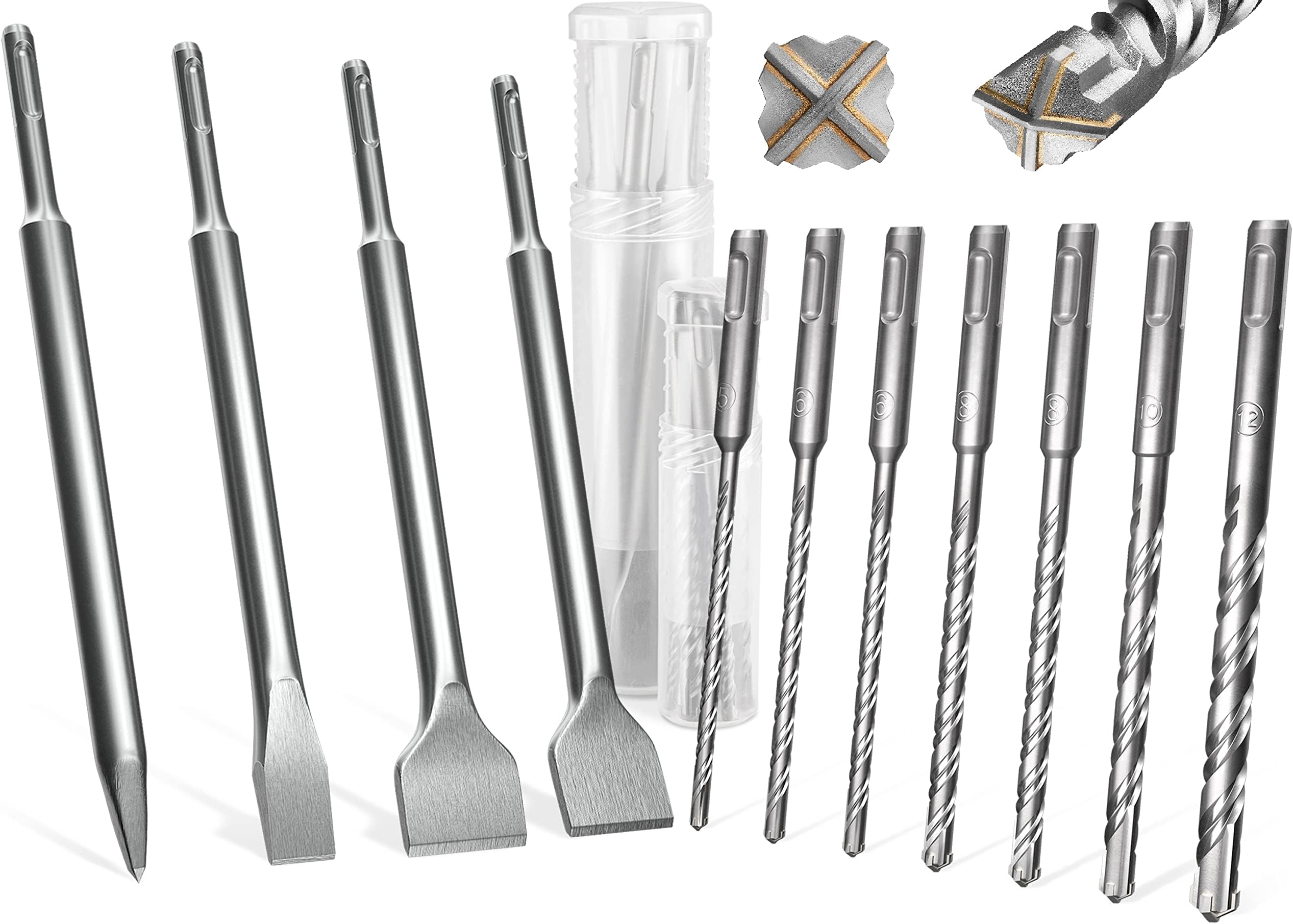 KSP-TEC® | Carbide - Cross Tipped SDS-Plus Rotary Hammer Drill and Chisle Bit Set with Storage Case for Masonry, Concrete, Brick, Stone (11pcs)