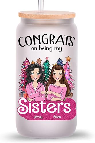 Miniatura 9 de Gossby Vaso de vidrio personalizado de 16 onzas con tapa, pajita, regalo personalizado para hermana de parte de hermana con diseño, nombres,