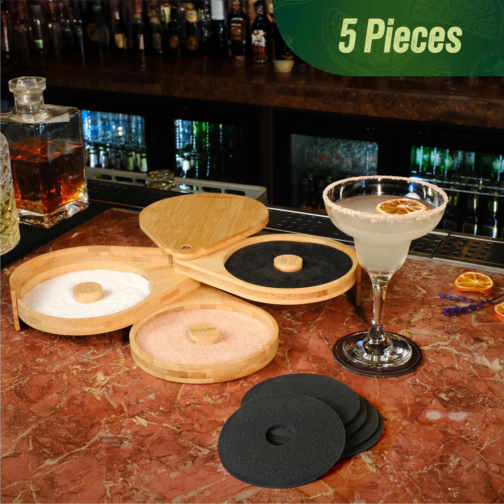 Margarita - Juego de borde de sal | Accesorios de camarero para bar en casa | Kit completo de margarita de bambú de 3 niveles con borde de sal (esponja para borde de sal, juego de 5)