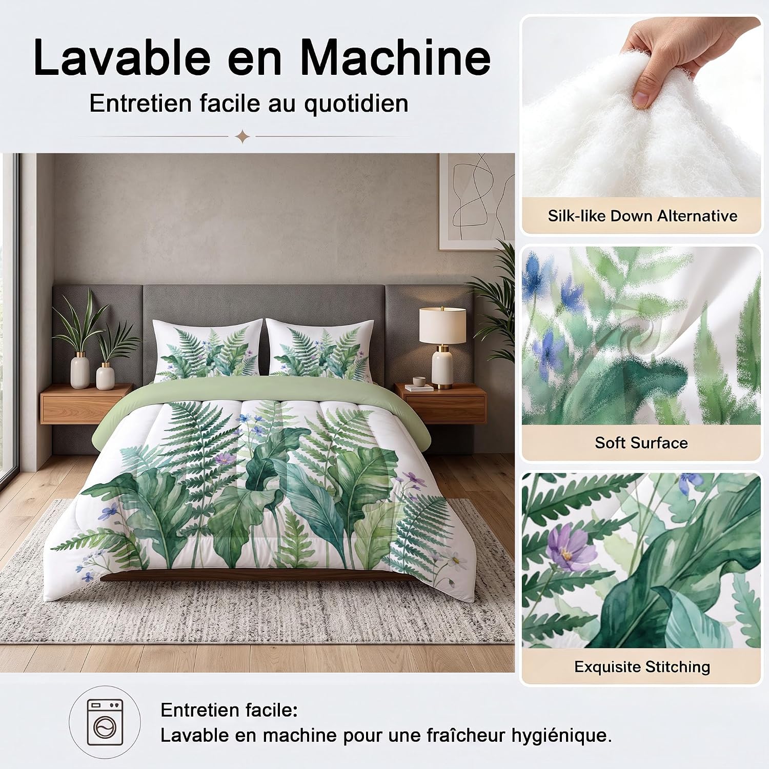 Watercolor Plants Quilt Full Size Dark Green Quilt Bedding Set | 3 Pieces Soft Lightweight Microfiber Green Plants Vines and Leaves Bedspread Coverlet Set for All Season, 79"X90"