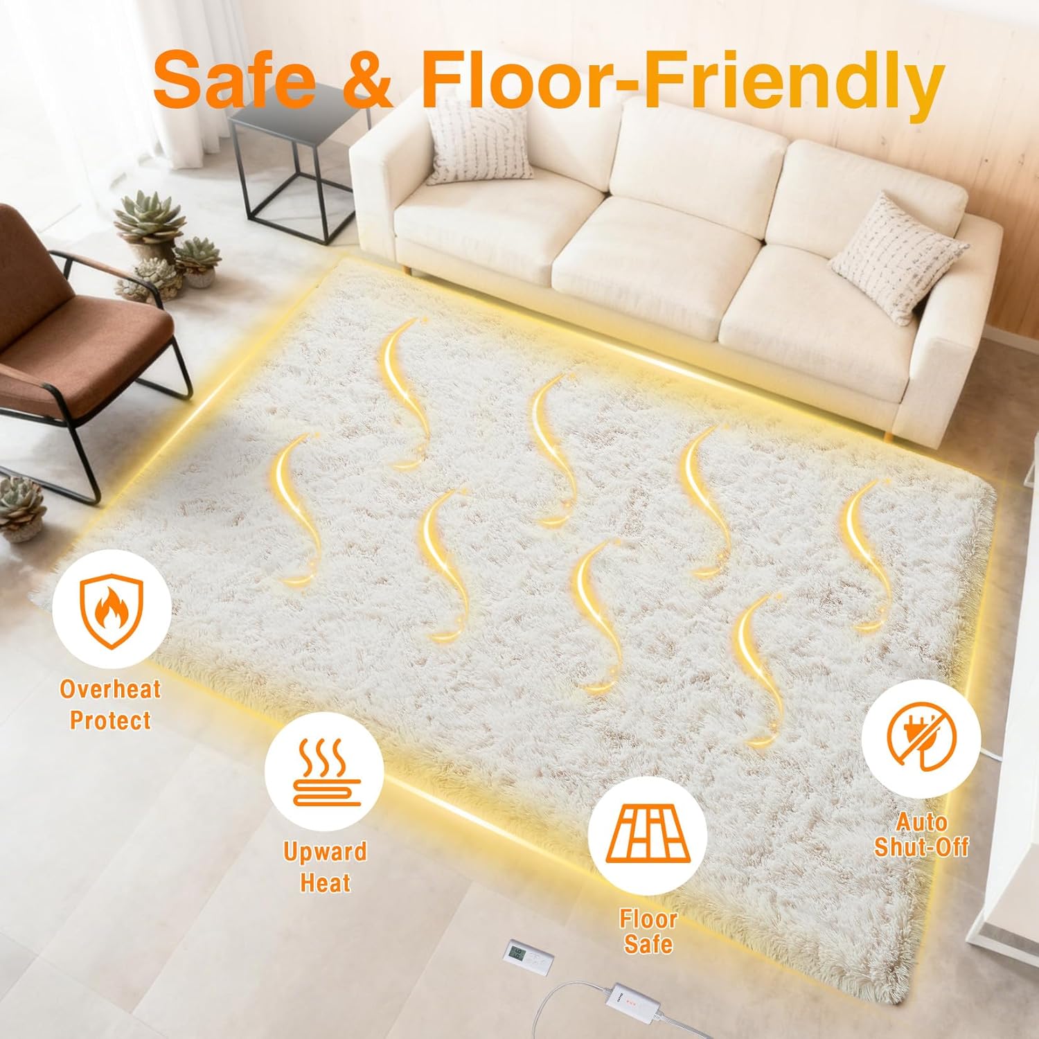 GarveeHome Wired Heated Floor Mat 4x6 ft, Electric Heated Rug Gaming Rug with 3 Heat Levels & Auto Off, Soft Plush Heating Carpet Foot Warmer for Living Room Bedroom Office Playroom Game Room, White