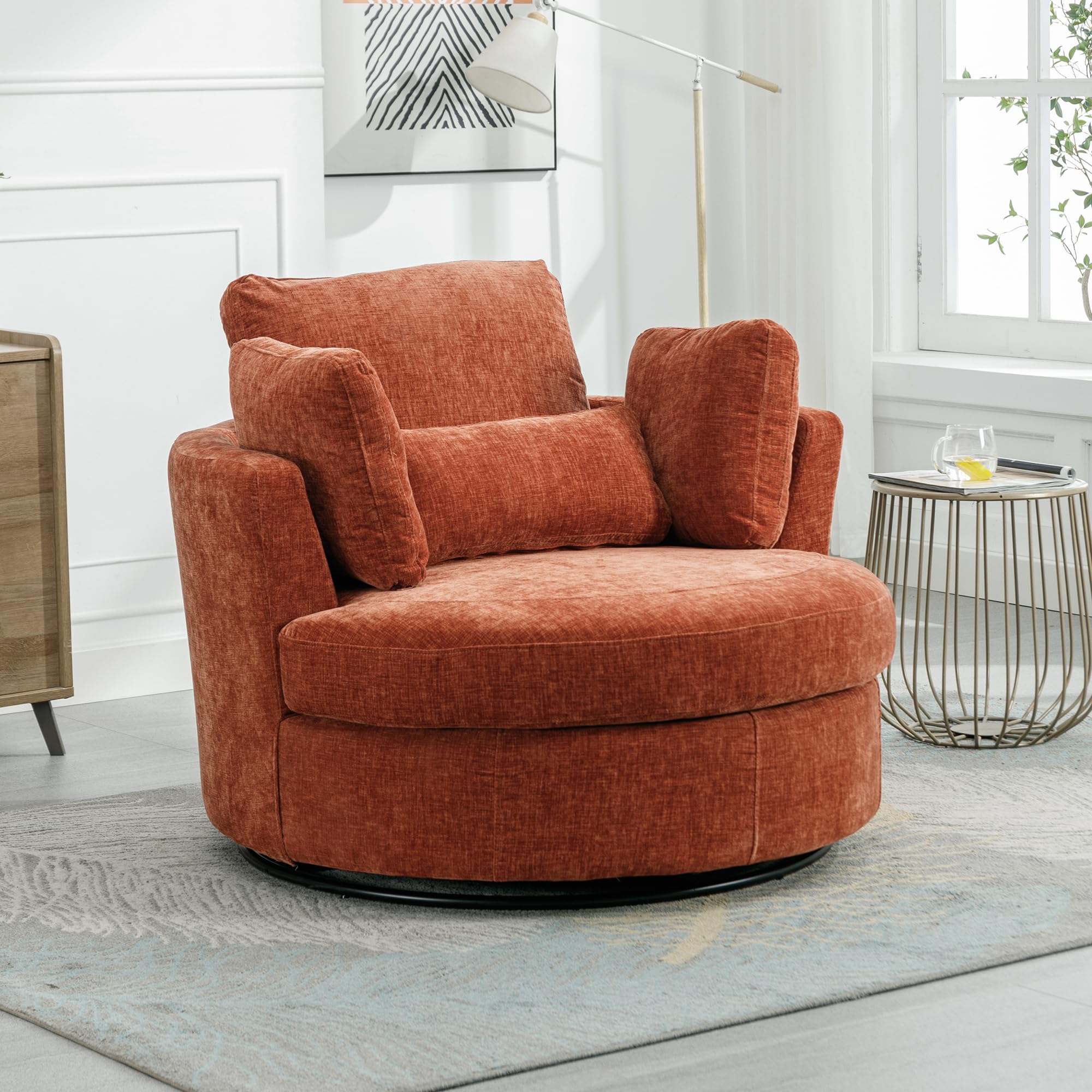 KEIKI 42" W Oversized Chenille Swivel Sofa Barrel Chair with 3 Pillows, Backrest Pillow Design Modern Style Comfy Round Cuddle Sofa Chair with Solid