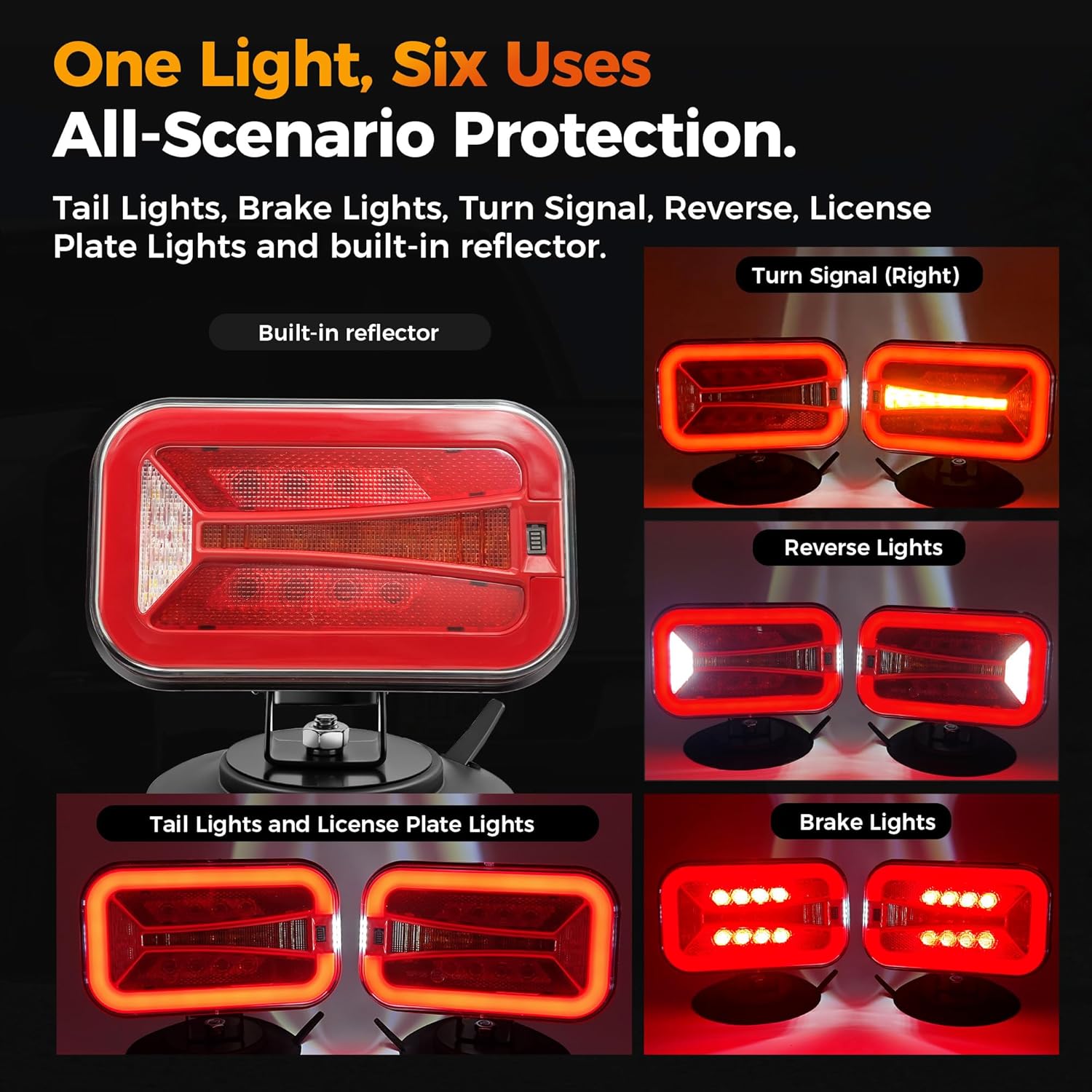 Wireless Trailer Lights Magnetic LED Trailer Tow Lights Set of 2 for Trucks Trailers Campers RVs Boats with Tail Lights/Brake Lights/Turn Signal/Reverse/License Plate Lights/Reflector 5037B