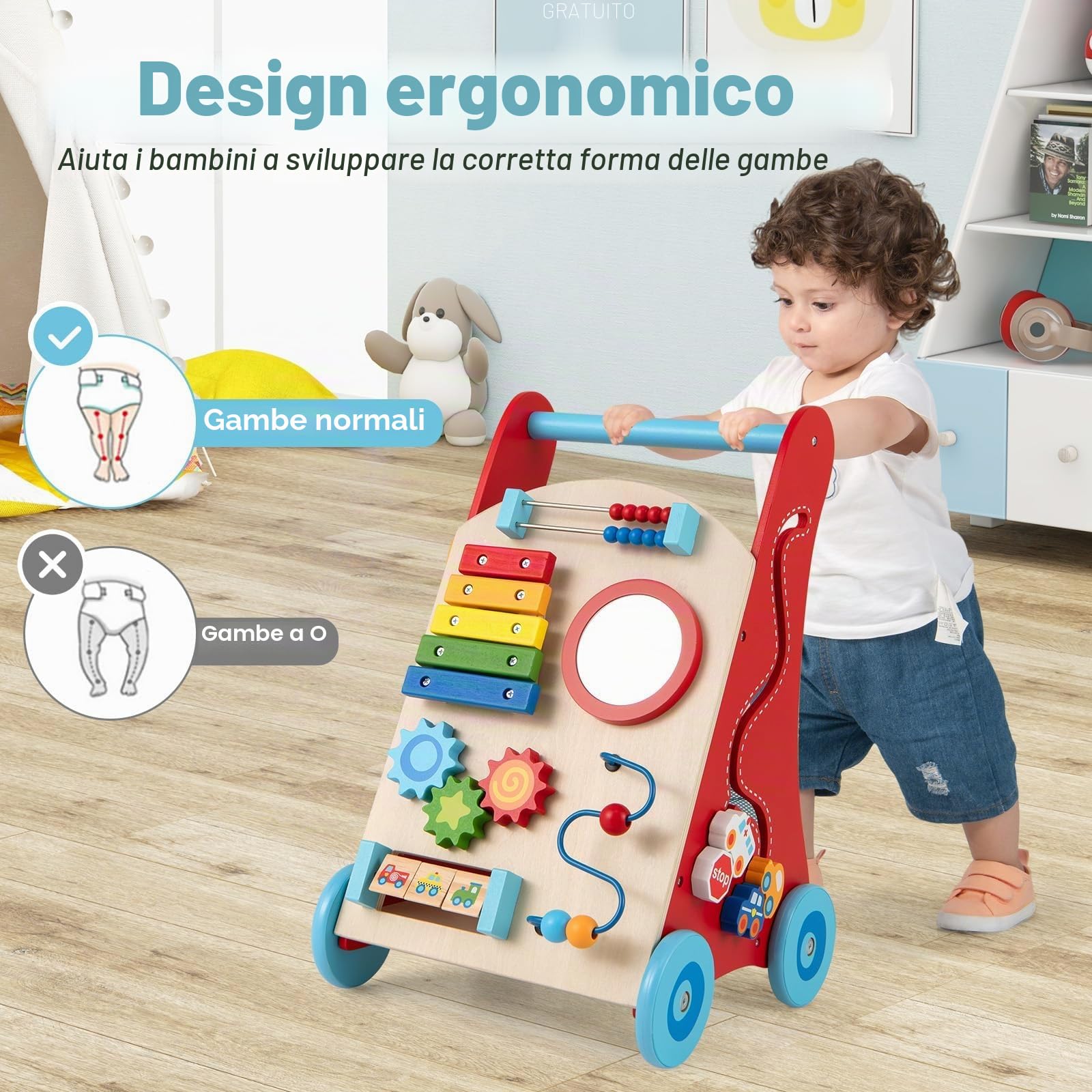 FANTASK Passeggino in legno per primi passi con manico, vano portaoggetti e ruote per spingere e tirare, Montessori Baby Walker per sedersi e stare in piedi, ragazzi e ragazze a partire da 1 anno