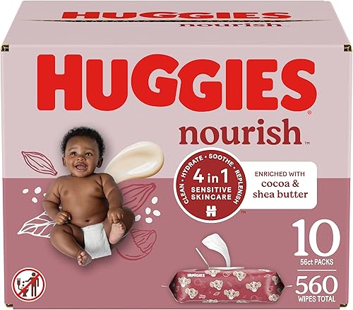 Huggies Nourish - Toallitas para pañales de bebé, 10 paquetes de botones (560 toallitas en total)