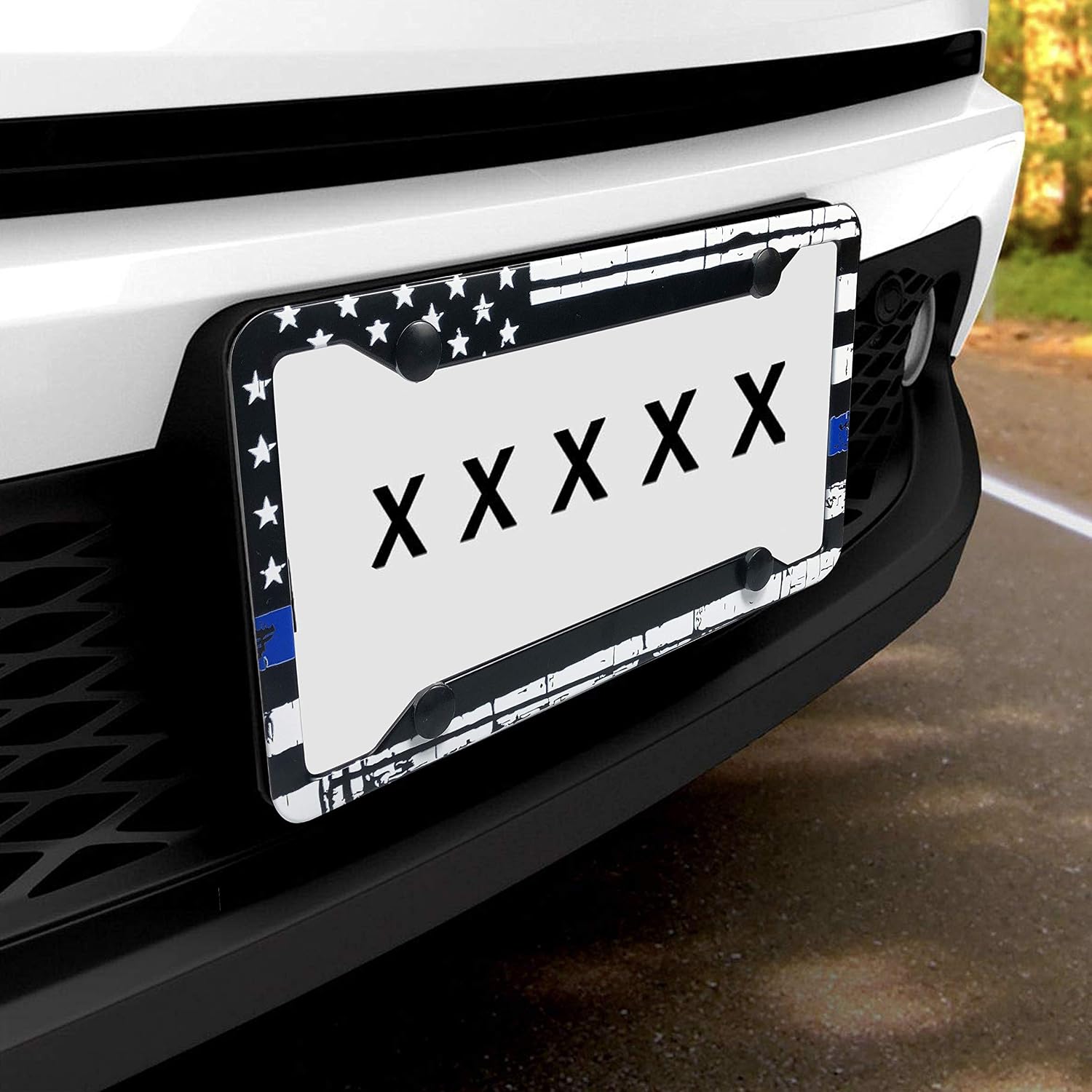 Thin Blue Line American Flag License Plate Frame Heavy Duty Aluminum Black on White Composite Tie Flag-Themed License Plate Frame Novelty Auto Car Tag Vanity Gift Support Law Enforcement