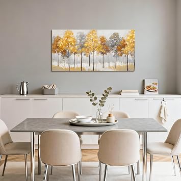 FajerminArt Large Abstract Autumnal Forest Canvas Wall Art Prints, Yellow Grey Trees Wall Paintings Nature Picture for Living Room Bedroom Office Kitchen Decoration Artwork Ready To Hang 50x100cm