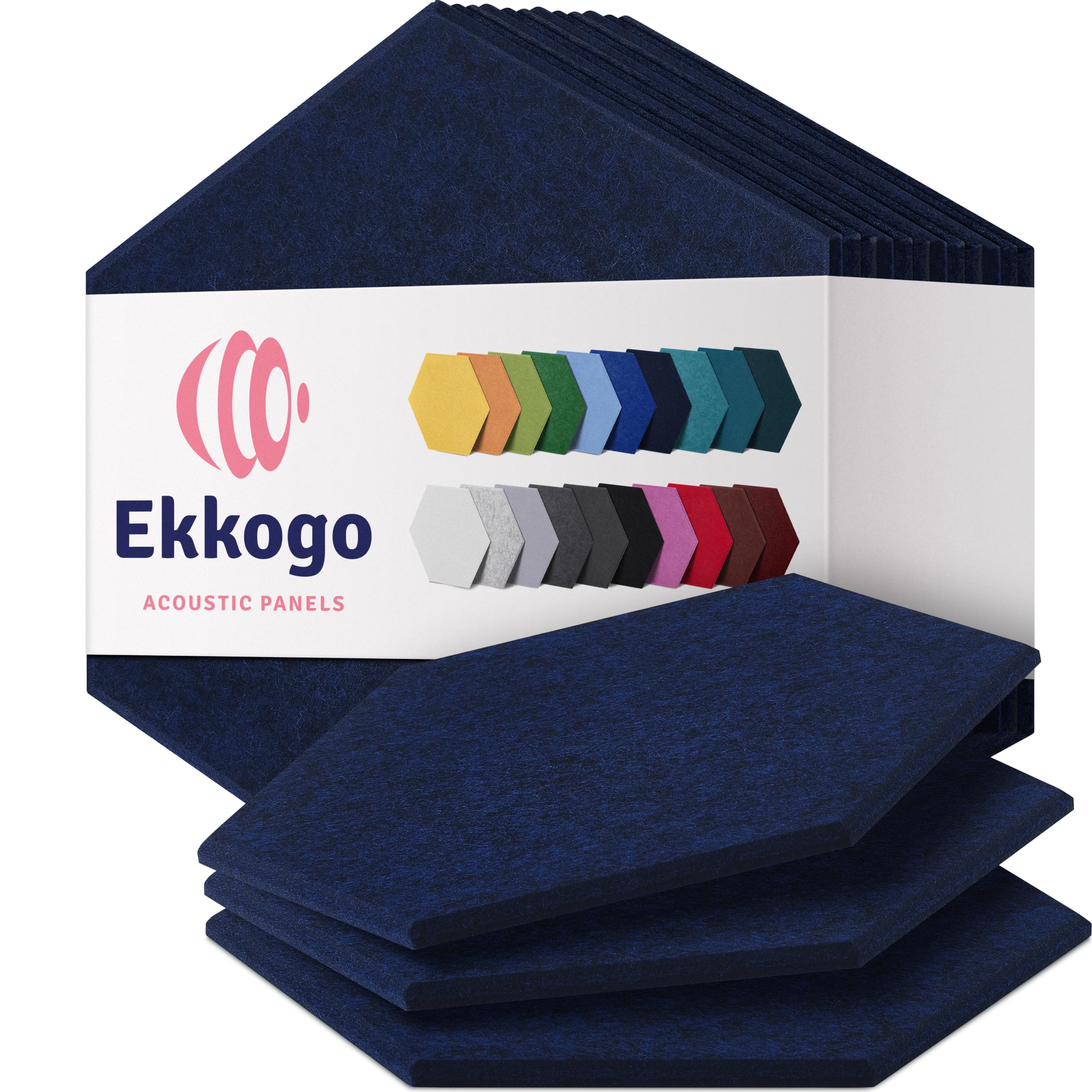 Ekkogo Acoustic Panels 12-Pack Soundproof Wall 12"X10.4"X0.4" - High Density Sound Dampening [Denim Blue Hexagon]