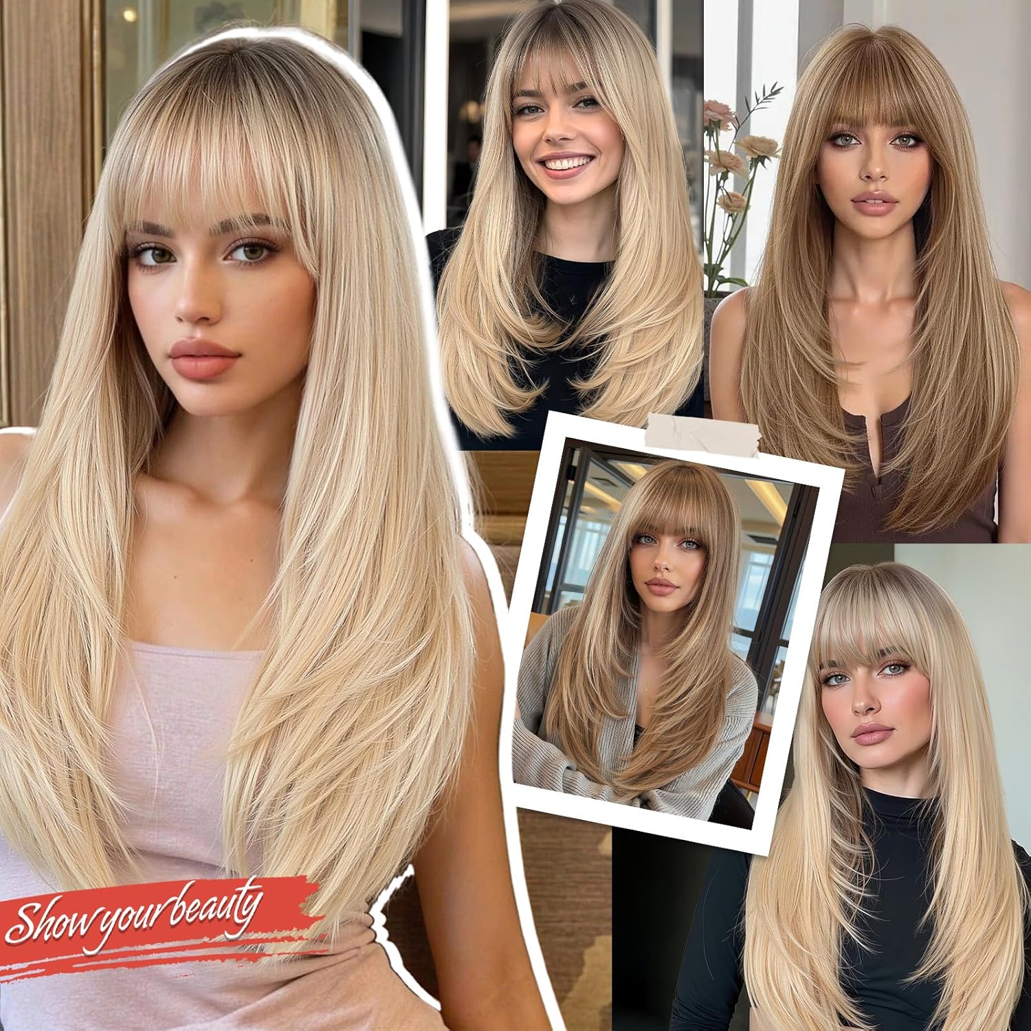 Allbell Ombre Blonde Wigs for Women Long Straight layered Wig With Bangs 22 inch Natural Looking Wig Synthetic Heat Resistant Fiber for Daily Party Use