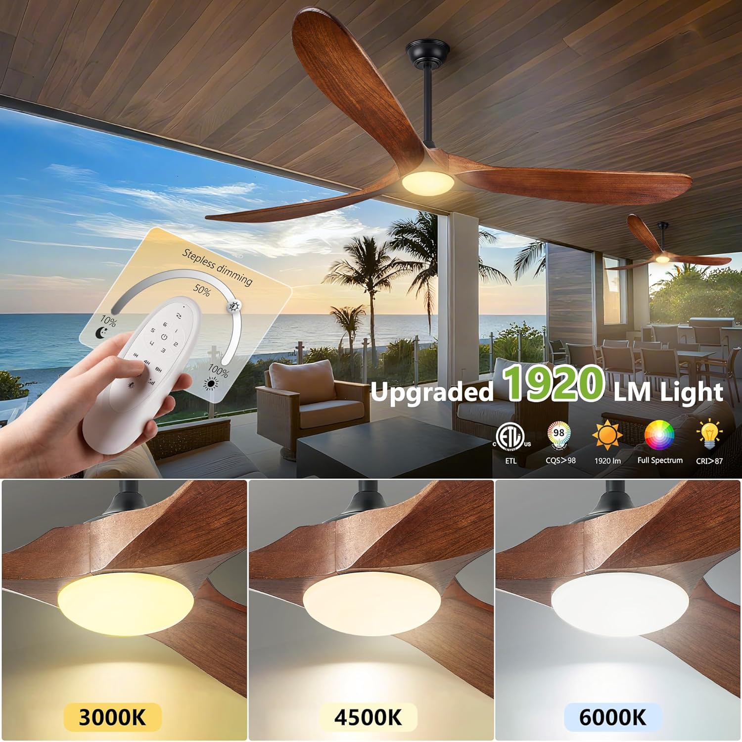 Haipeel 72 Inch Outdoor Ceiling Fans with Lights, Wood Ceiling Fan with Light and Remote Control Propeller Modern Large Ceiling Fans for Patios Farmhouse Indoor Quiet High cfm ETL, Dark Walnut