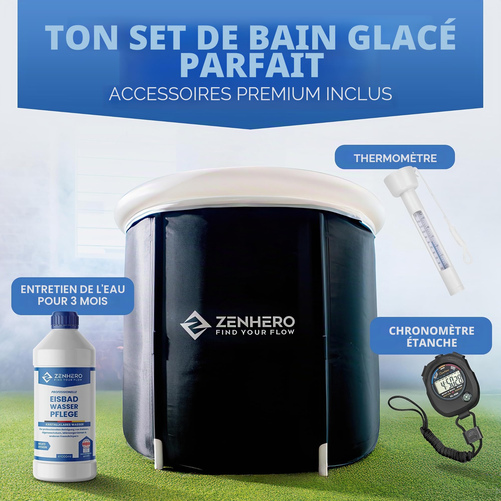 Zenhero Bain de glace avec thermomètre pour athlètes, tonneau cryothérapie - Baignoire gonflable pliable pour adultes - Intérieur/extérieur