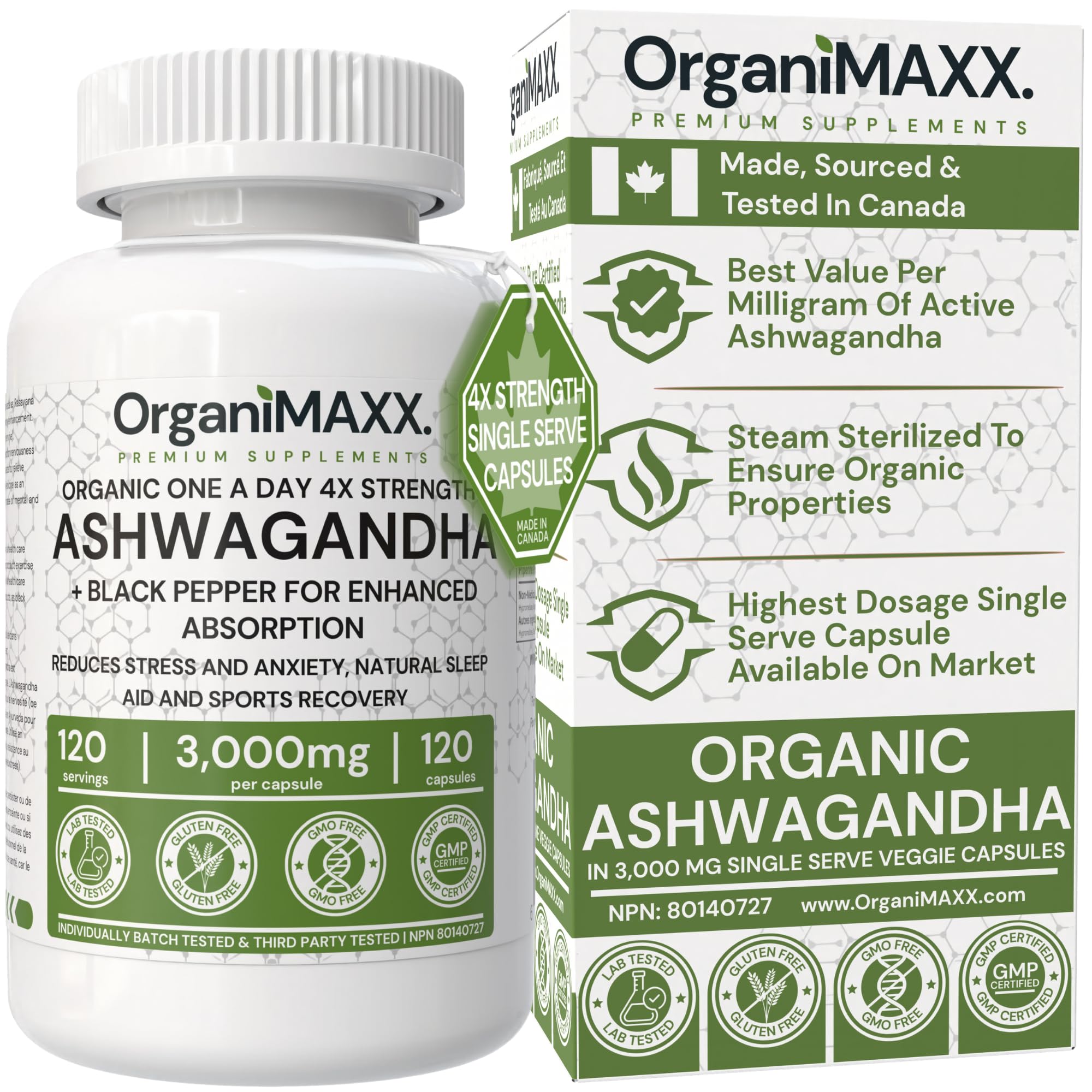 4X Strength Organic Ashwagandha 3,000mg PER SINGLE CAPSULE, 120 Capsules Per Bottle Ashwagandha Supplement With Black Pepper For Enhanced Absorption. Made & Third Party Tested In Canada, Vegan, Gluten Free & Non-GMO