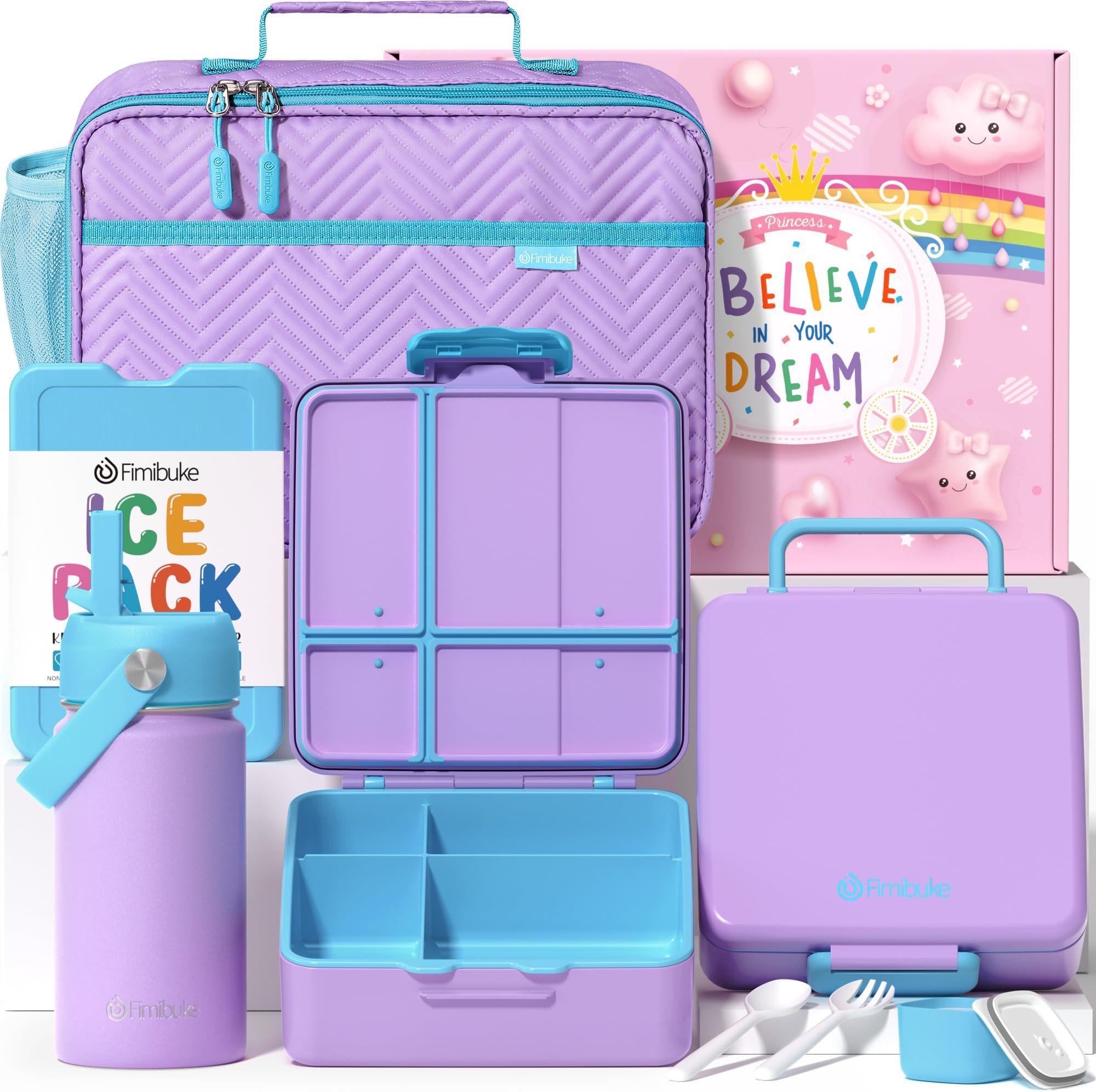 Fimibuke Kids Bento Lunch Box with 4 Compartments, Insulated lunch Bag, Stainless Steel Insulated Water Bottle, Ice Pack & Utensils Set, Birthday Gifts for Ages 3-12 Back to School Toddler Girls Boys