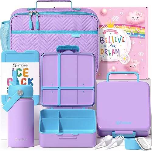 Fimibuke - Lonchera Bento para niños con 4 compartimentos, bolsa de almuerzo aislada, botella de agua con aislamiento de acero inoxidable, paquete