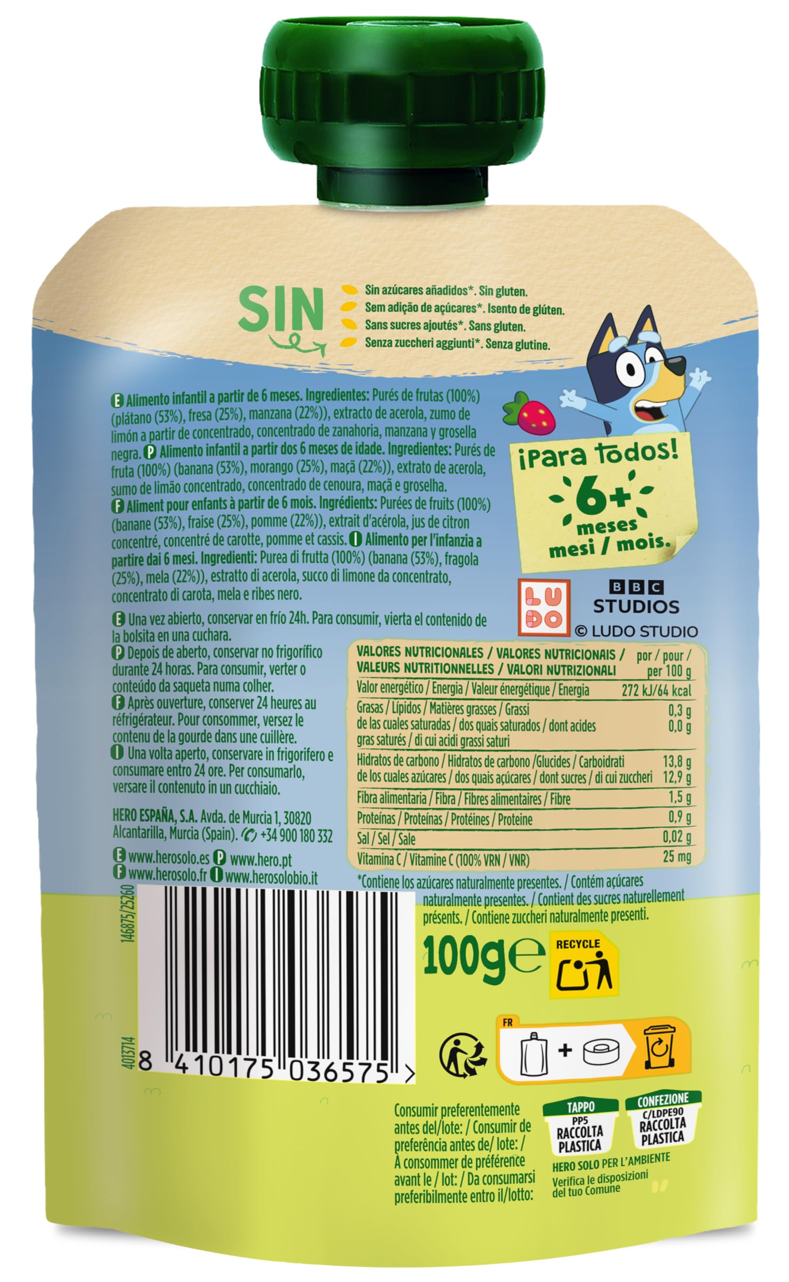 Alimento infantil con puré plátano, fresa y manzana Hero bolsa 100 g