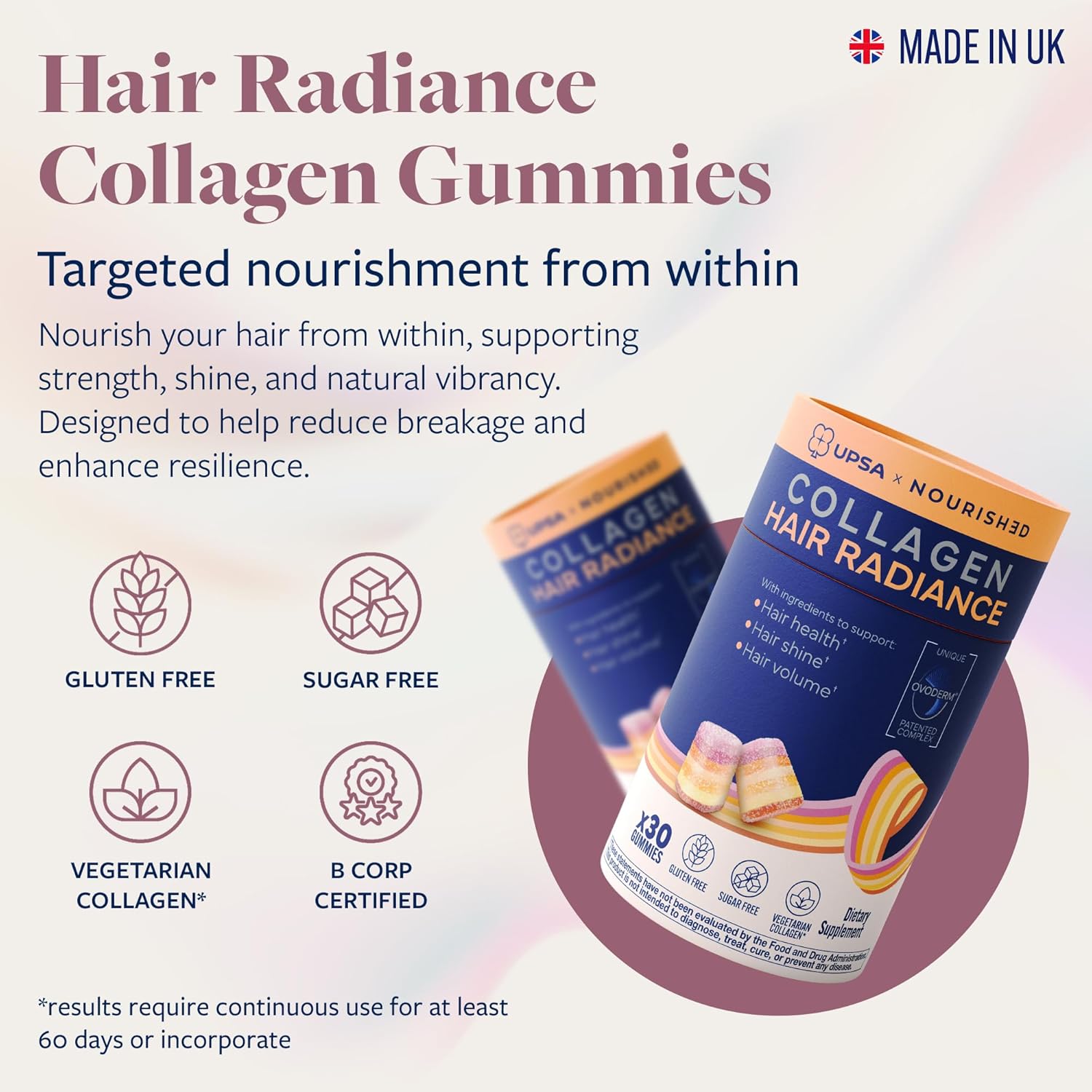 Upsa Nourished Collagen Hair Health 30 Count – Ovoderm® Egg Membrane Complex with Biotin, Zinc & Copper – for Healthy, Shiny & Fuller-Looking Hair – Sugar-Free Vegetarian Capsules