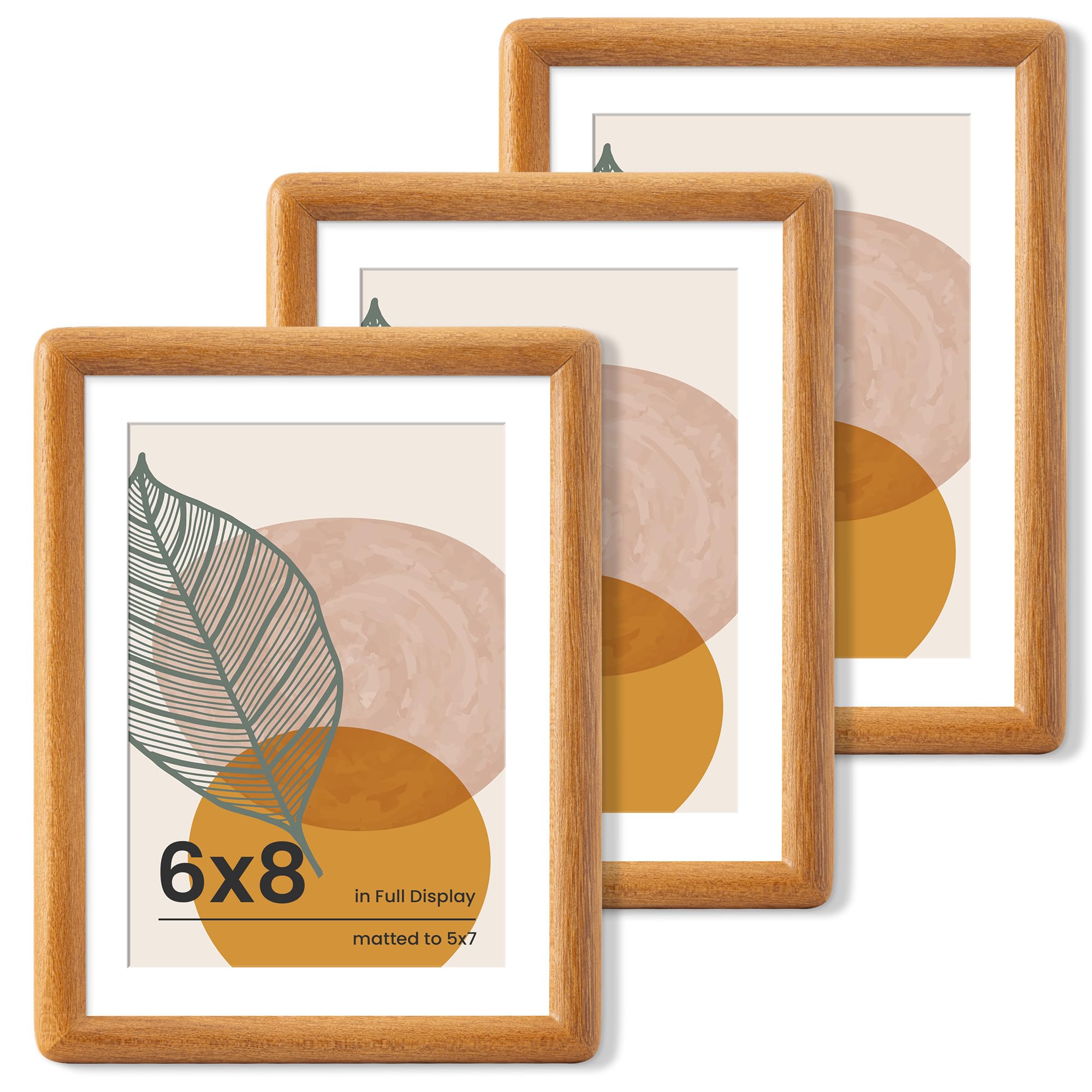 Axeman 6x8 Picture Frame Set of 3 - Solid Teak Wood Frame With Mat for 5x7 - Rounded Corner 6x8 Frame with Tempered Glass for Tabletop Display โ image 1