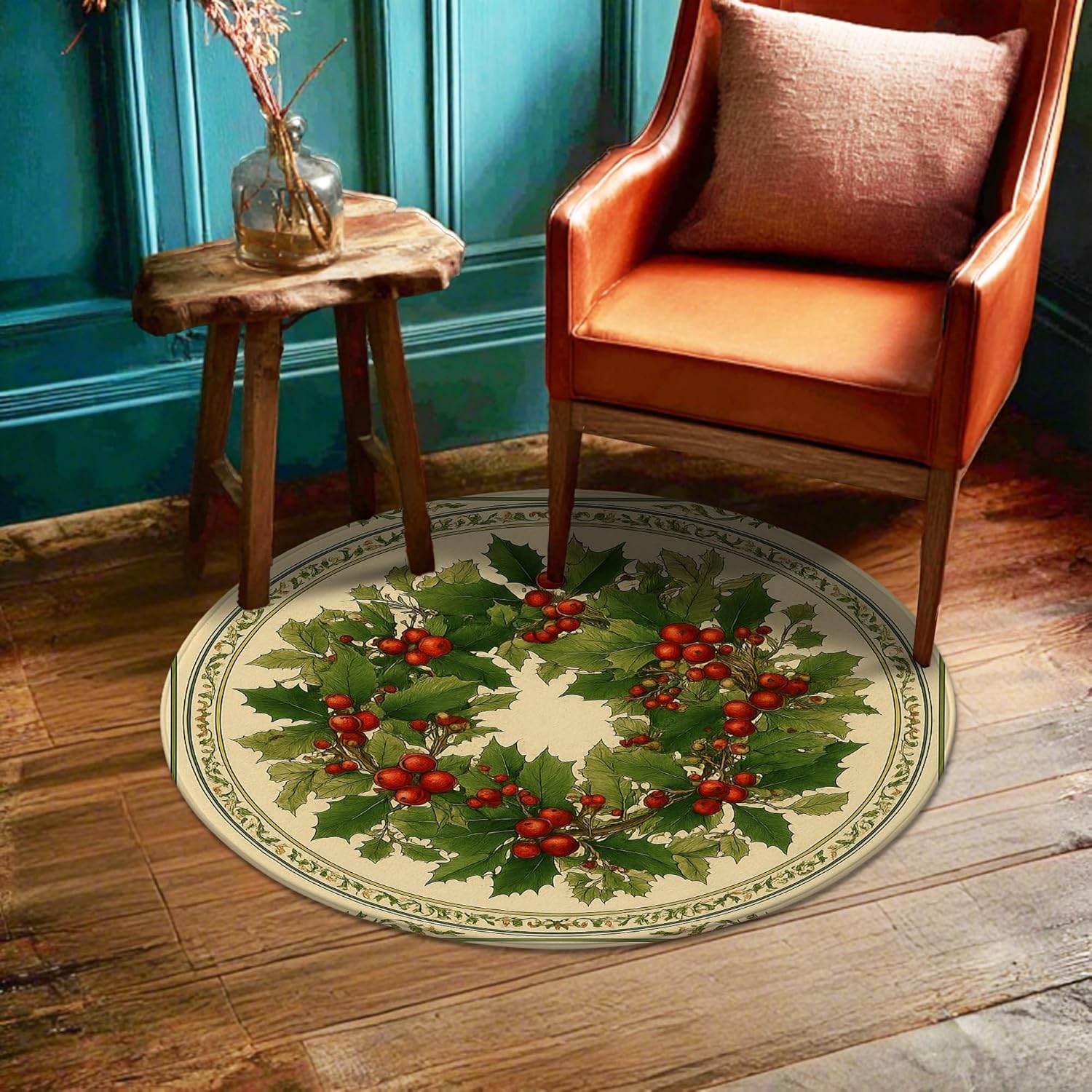Holly Area Rug, Christmas Traditional Berries Leaves Christmas Green Non-Slip Edge Binding Doormat Throw Rug Circle Bathroom Entryway Bedside Doorway Decor 4' X 4'