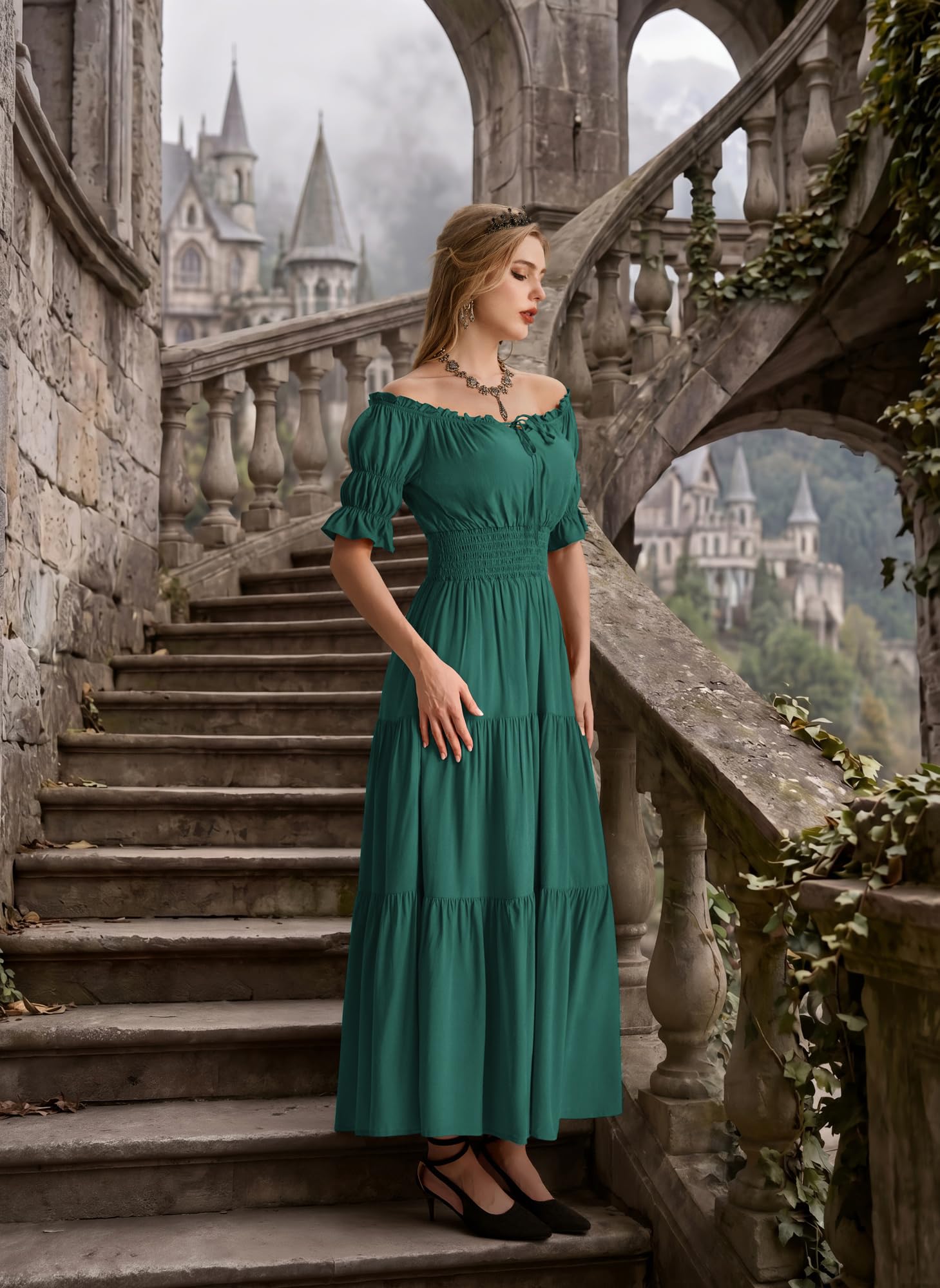 SCARLET DARKNESS Vestito da donna in stile rinascimentale, con spalle scoperte, stile medievale | maniche a sbuffo, vita elasticizzata, linea ad A, con tasche, abbigliamento medievale da donna, costume da pirata