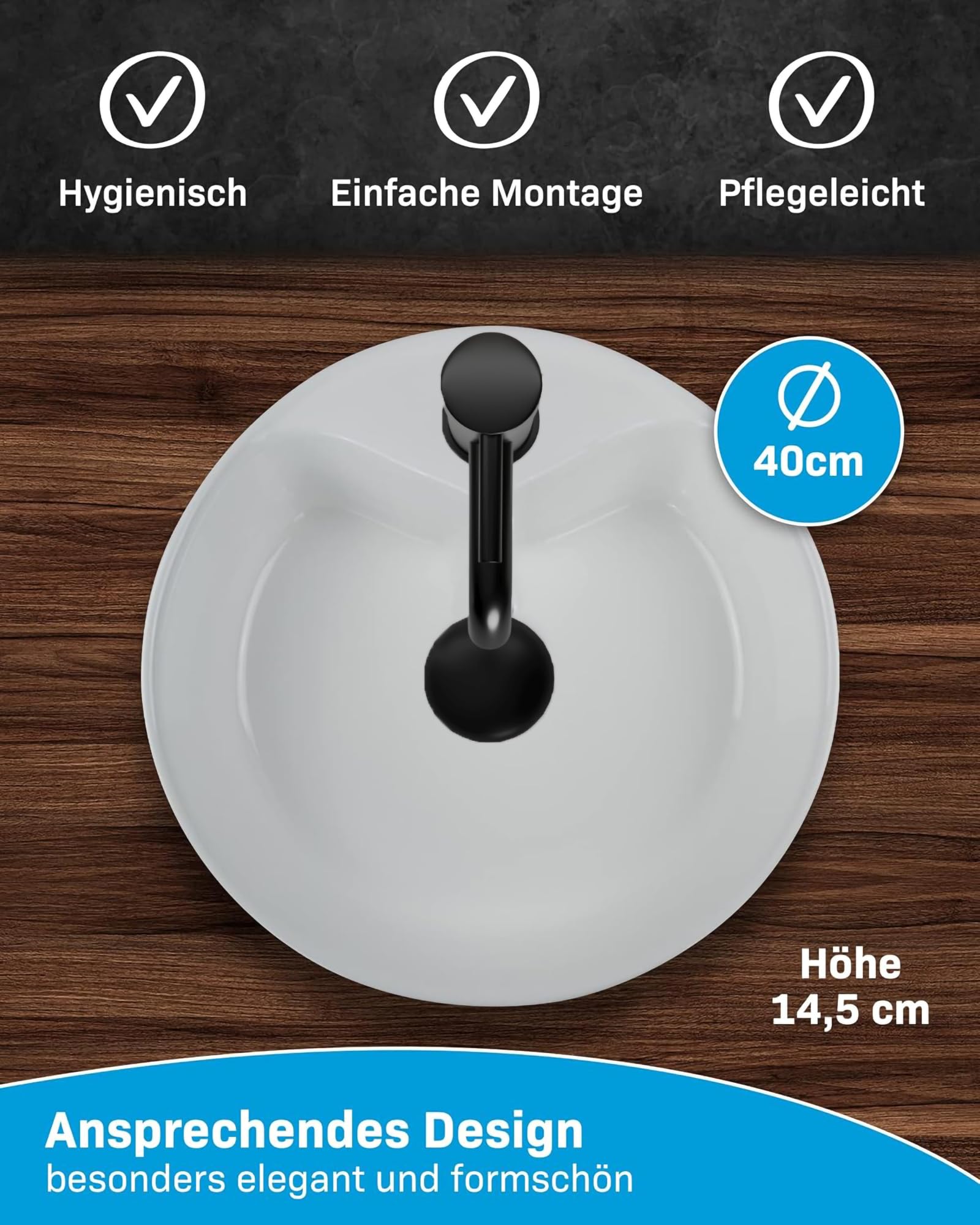 Alpenberger Lavabo de cerámica de 40 cm de diámetro, nano-revestimiento para una higiene perfecta, para cuarto de baño y aseo de invitados, efecto loto, con rebosadero y orificio para grifo