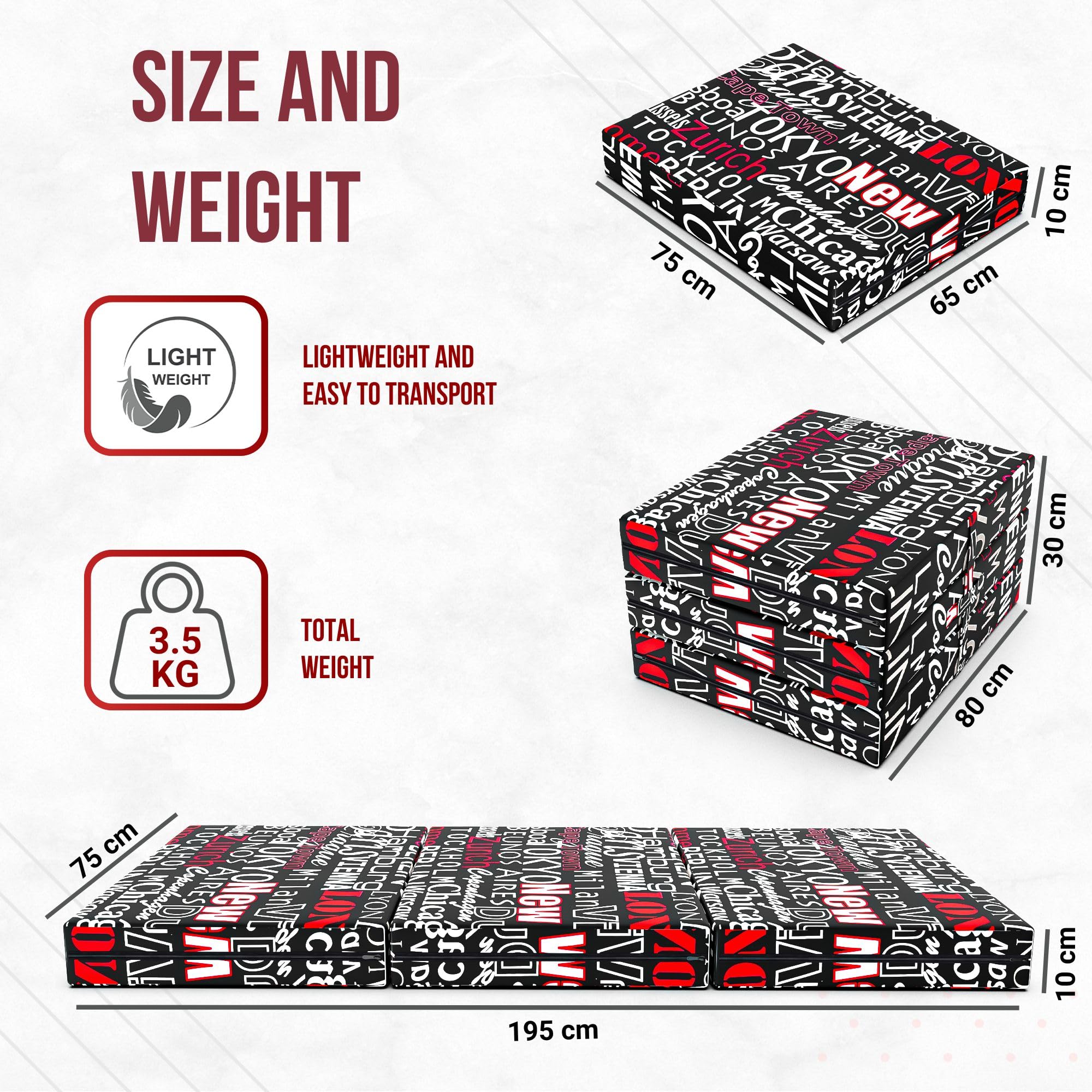 TEHORNEO Vouwmatras, Foldable Mattress 195 x 75 x 10 cm voor gasten, Opvouwbare Matras, Mattress, Slaapmat voor op de grond, Opvouwbare Mat, Opklapmatras