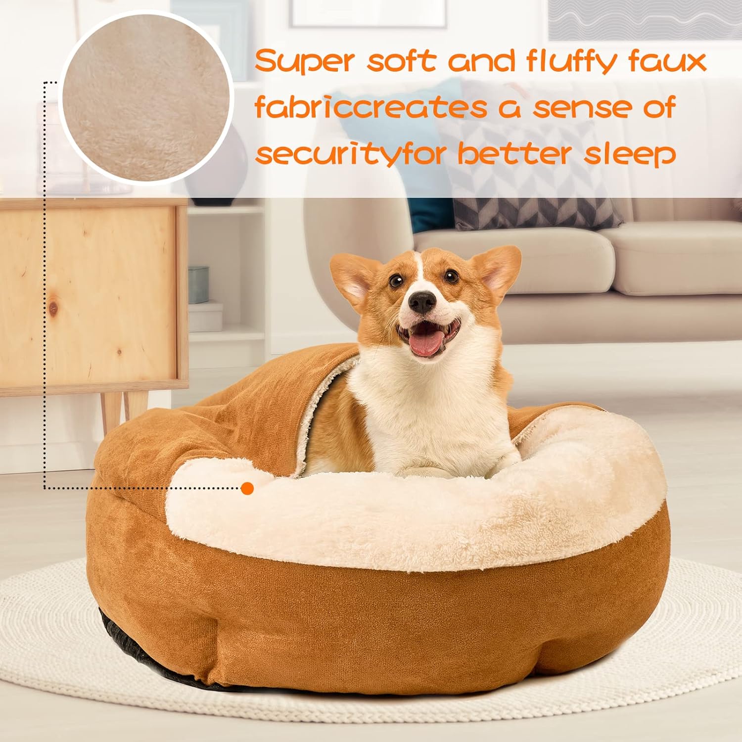 review Small Dog Bed, Round -Cover Dog Cave Bed Squishmallow Anti-Anxiety Burrow Cat Bed with Hooded Blanket,Cozy Puppy Bed Machine Washable (23 * 23 * 6 in, Yellow)