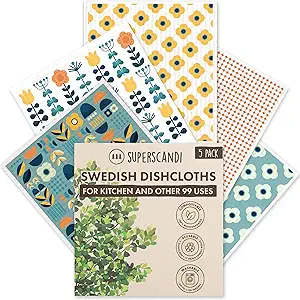SUPERSCANDI 5 Pack Swedish Dishcloths for Kitchen - 100% Biodegradable & Compostable | Reusable Paper Towels Washable, Food-Safe & Without Plastic - Dish Rags Suitable for Any Surface | Scandi Design