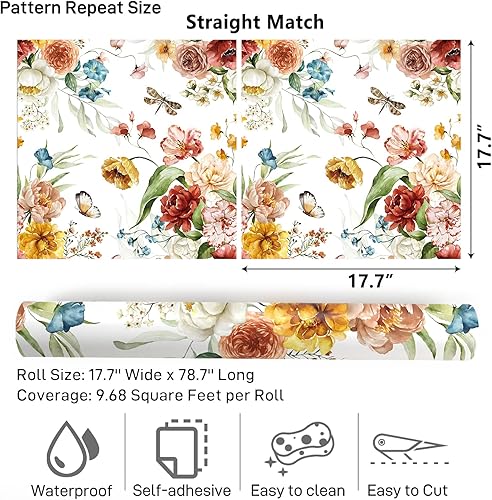 Miniatura 9 de VaryPaper Papel tapiz floral vintage para pegar y despegar y despegar Petunia Butterfly Peony Wallpaper 17.7 x 78.7 pulgadas, autoadhesivo,