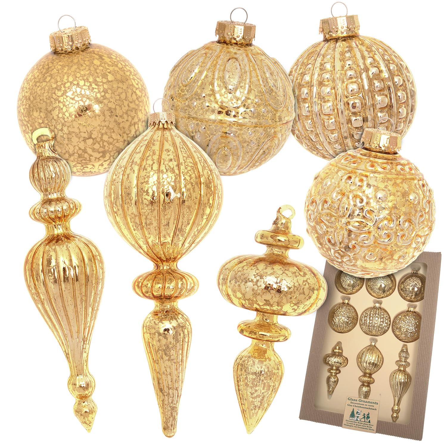 Krebs Glas Lauscha - Weihnachtsdekoration/Christbaumschmuck aus Glas - Antic Mercury Sortiment (Kugel, Kugel mit Struktur, Formen) - Menge: 9 Stück - Farbe: Gold - Größe: ca. 8 cm