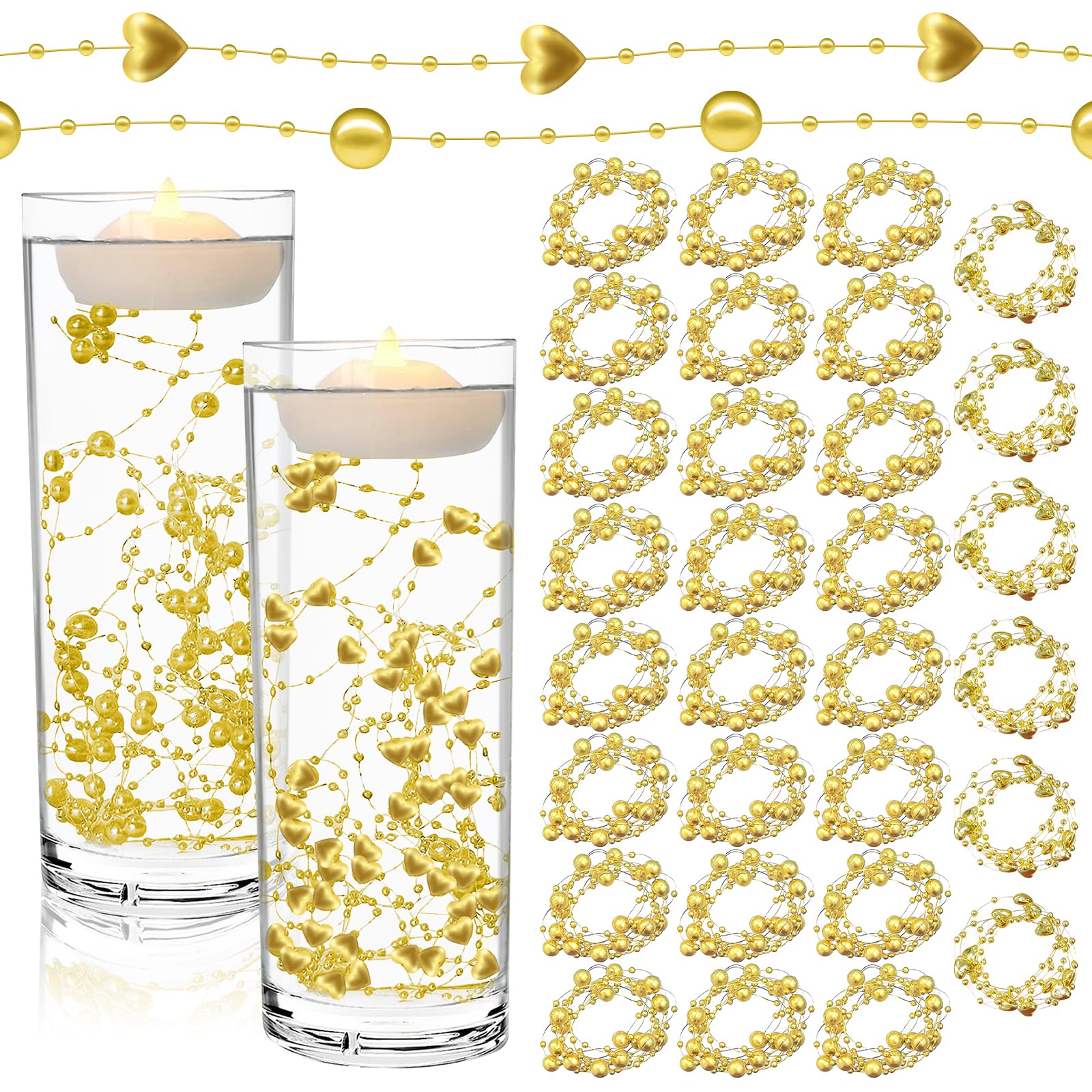 SNAIL GARDEN 30Pcs Artificial Pearl String for Floating Candle, Faux Pearls Beads String & Heart Beads Pearl String for Vase Filler for Wedding Dinning Table Centerpiece Decoration(Gold,126 Feet)