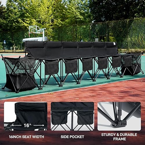 Miniatura 7 de EVER ADVANCED Banco plegable de equipo de fútbol de 6 asientos con bolsa de transporte, sillas laterales de fútbol portátiles con cesta de