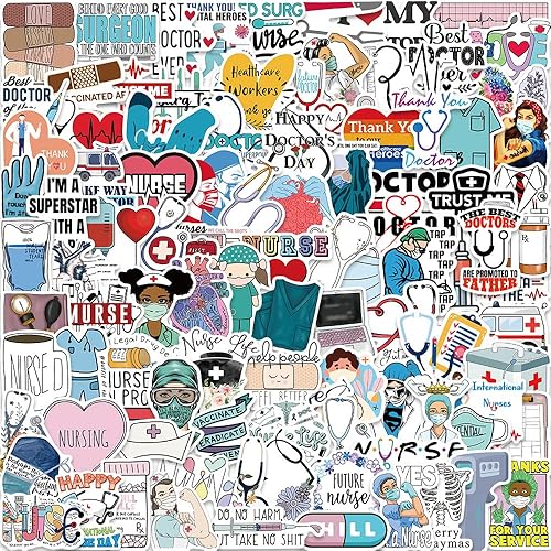 100 calcomanías de médico para enfermeras, calcomanías de equipo médico, calcomanías de vinilo impermeable para botellas de agua, laptop, guitarra,