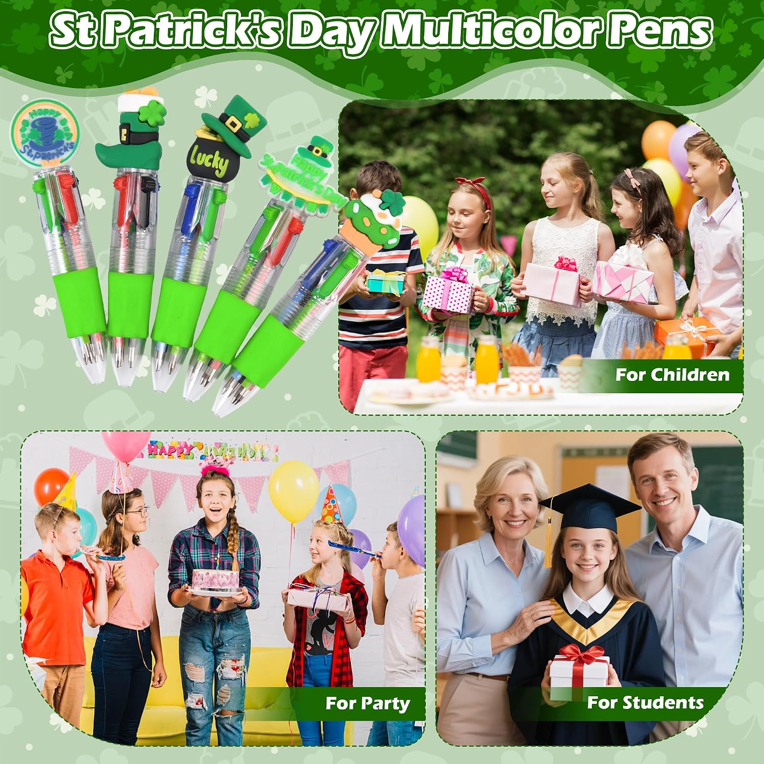 LiYiQ 50 Pcs St Patricks Day Colorful Multicolor Pen in One Cartoon Cute Fun 4-in-1 Cute Pens Bulk Kawaii Top Hat Clover Shamrock Leather Boots Gnome Beer Shape Cool Ballpoint Pens for Fun Gifts