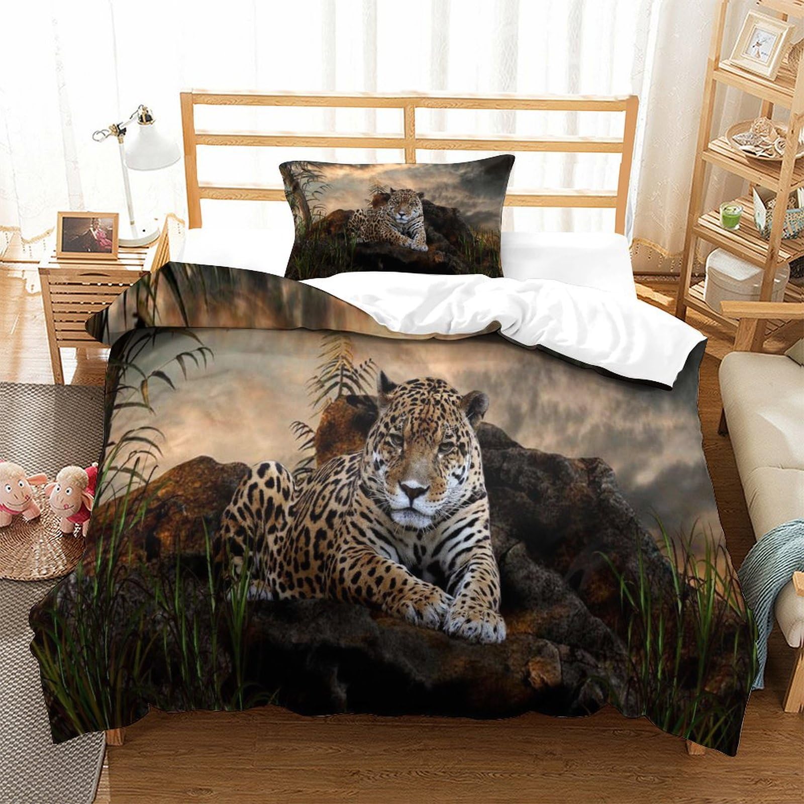 P1s9u7w5y Jaguar-5 3D Printed Wildlife Leopard Duvet Cover Set 3Pcs Microfiber Animal Theme Bedding Set Single（135X200cm）