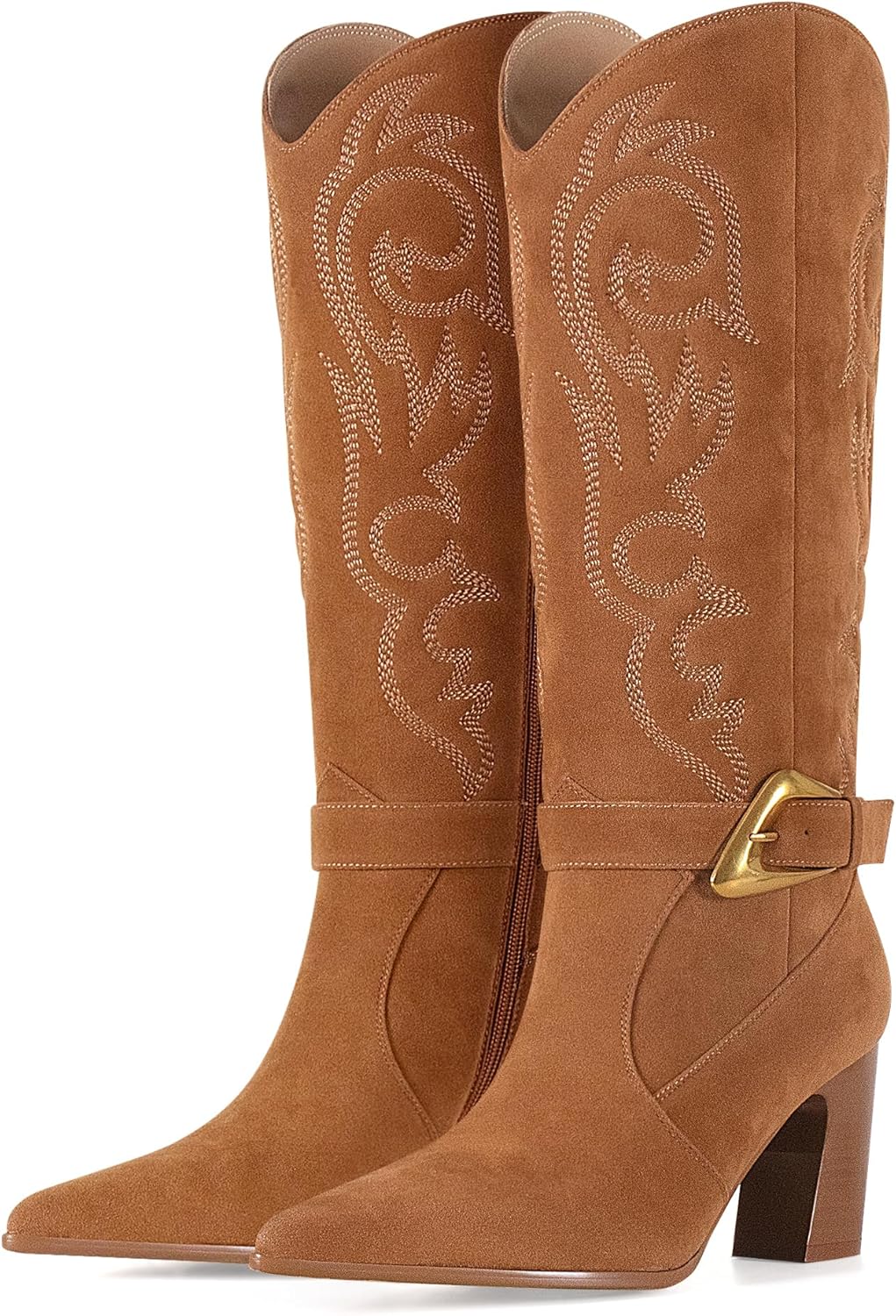 Western Cowboy Boots for Women - Knee High Calf Cowgirl Boots with Classic Embroidered with Gold Buckle, Slip On Pointed Toe Chunky Heel Fashion Retro Classic Faux Leather Pull On Tall Boot