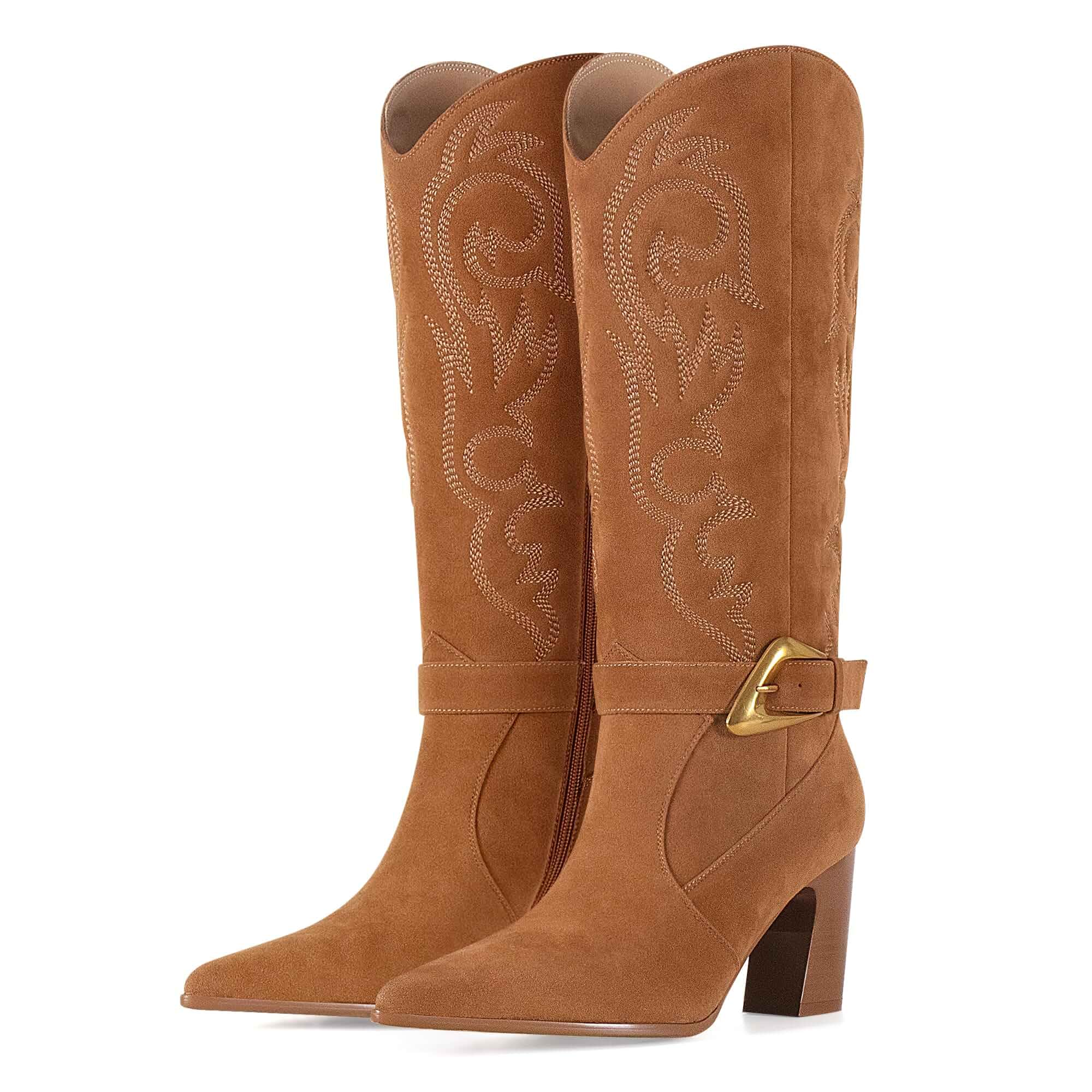 LACIKOSZ Western Cowboy Boots for Women - Knee High Calf Cowgirl Boots with Classic Embroidered with Gold Buckle, Slip On Pointed Toe Chunky Heel Fashion Retro Classic Faux Leather Pull On Tall Boot
