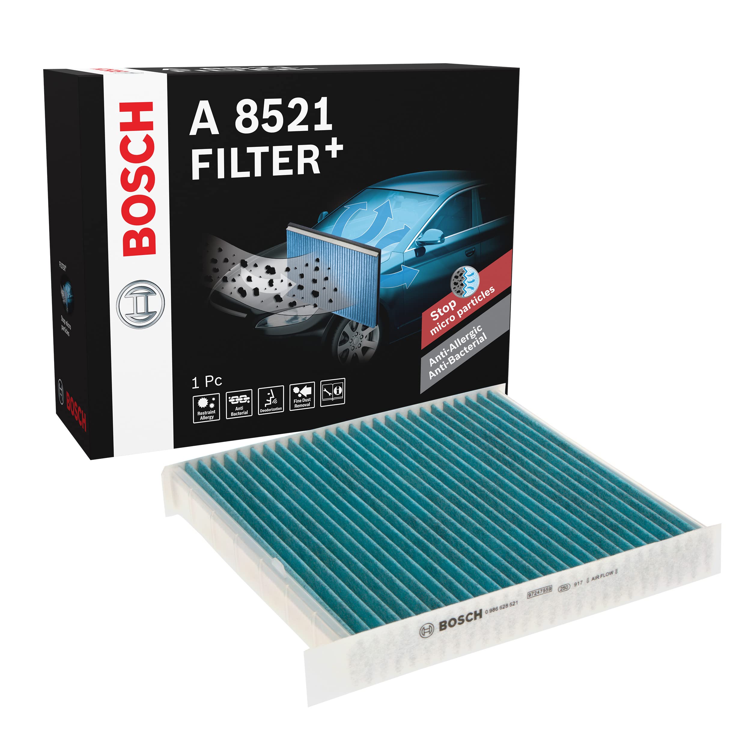 Bosch A8521 - Filtre d'habitacle anti-odeurs et anti-bactérien Filter+ - filtre à poussière et à pollen