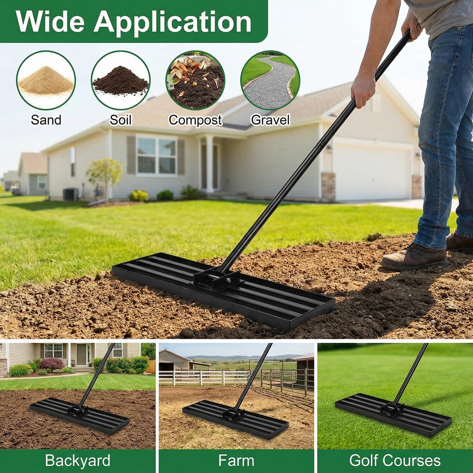 Lawn Levelling Rake, 76cm x 25cm Heavy Duty Metal Leveller with 200cm Ergonomic Long Handle, Gardening Tool for Smoothing and Leveling Uneven Lawn Surfaces Levleler — view 5