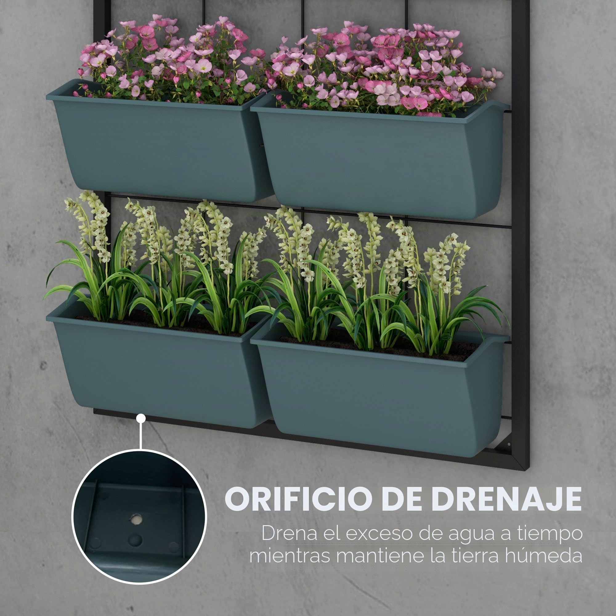 Outsunny Jardinera de Pared de 3 Niveles con 6 Macetas, Huerto Vertical de Acero y Plástico para Flores y Hierbas, Verde Oscuro